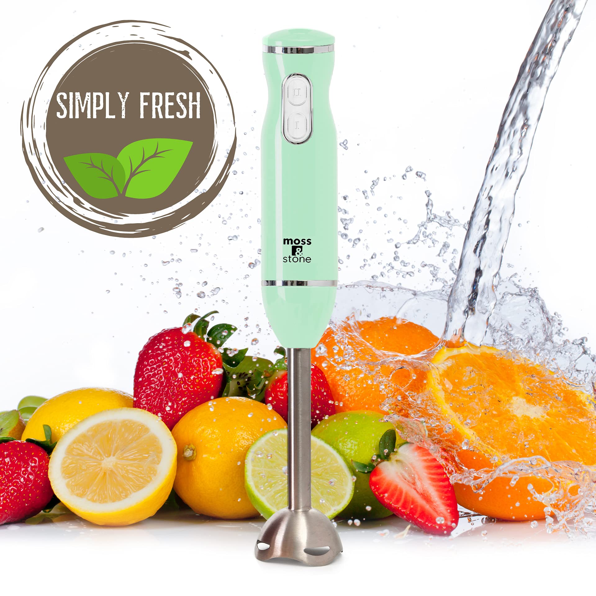 **300W Electric Hand Blender with Stainless Steel Blades - Moss & Stone Stick Blender with Egg Whisk & Chopper - Powerful Hand Mixer for Smoothies, Soups & Baking - Ergonomic Handle for Easy Use**