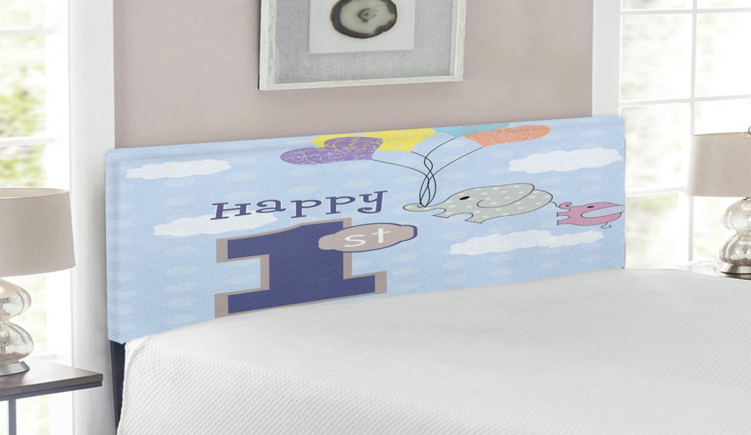 Ambesonne 1st Birthday Elephant Headboard - Hand Drawn Balloon Design Upholstered Metal Bed Frame with Memory Foam - Queen Size Sky Blue & Grey - Perfect for Nursery, Kids Room & Birthday Party Decor