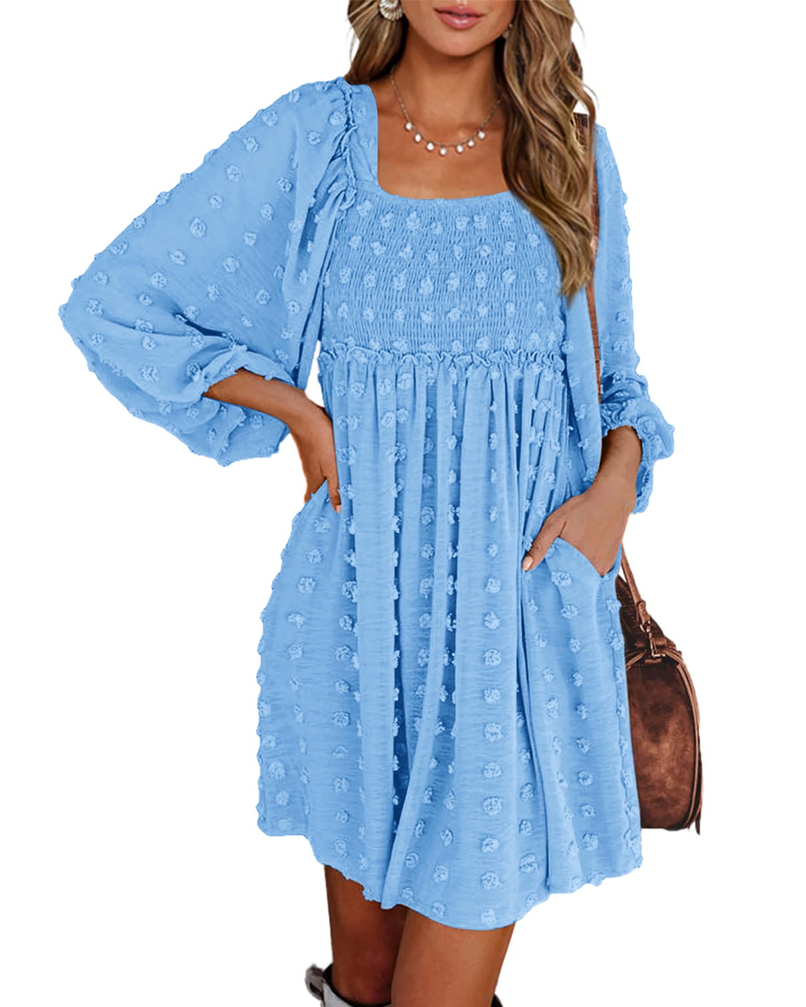 BTFBM Women's Square Neck Smocked Floral Swiss Dot Mini Dress - Long Sleeve Boho Wedding Guest Dress for Spring Summer 2025 | Perfect for Garden Parties, Bridal Showers & Casual Events
