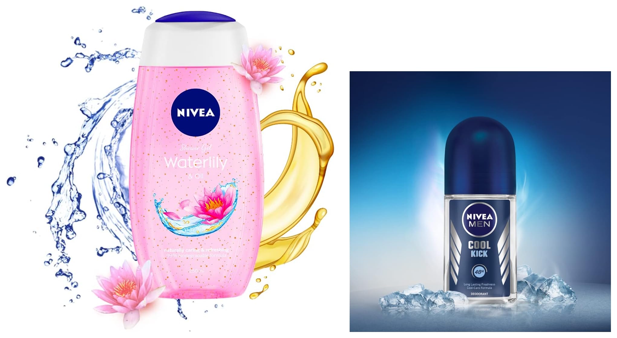 NIVEA Water Lily & Oil Body Wash for Women - 250ml Hydrating Shower Gel & NIVEA Men Cool Kick Roll-On Deodorant - 50ml | Daily Skincare Routine for Freshness & Confidence