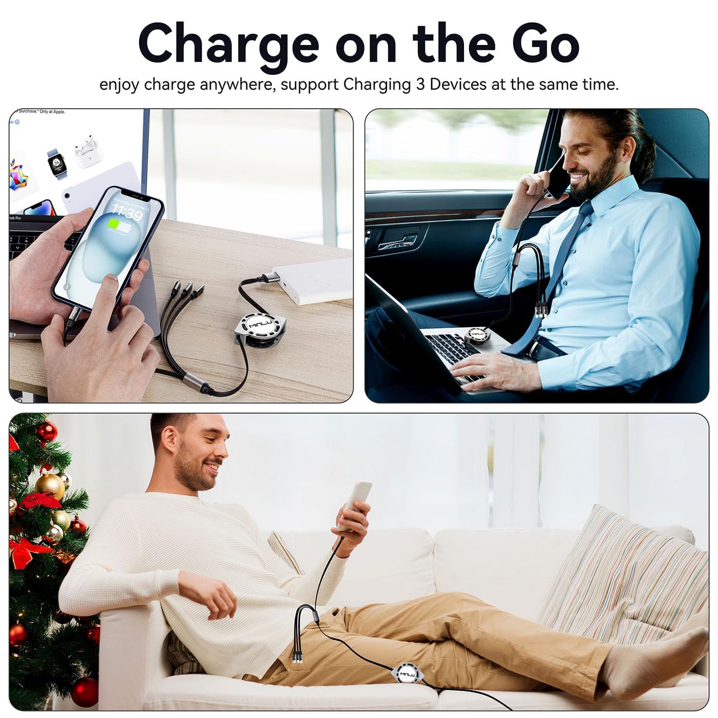 Minlu 4-in-1 Retractable Fast Charging Cable [4A 1.2M] - USB C/Micro/iPhone Compatible Charger for iPhone 16/15/14/13/12/11, Huawei, Galaxy, Pixel, Sony & Tablets | Perfect for Travel, Office & Home Charging