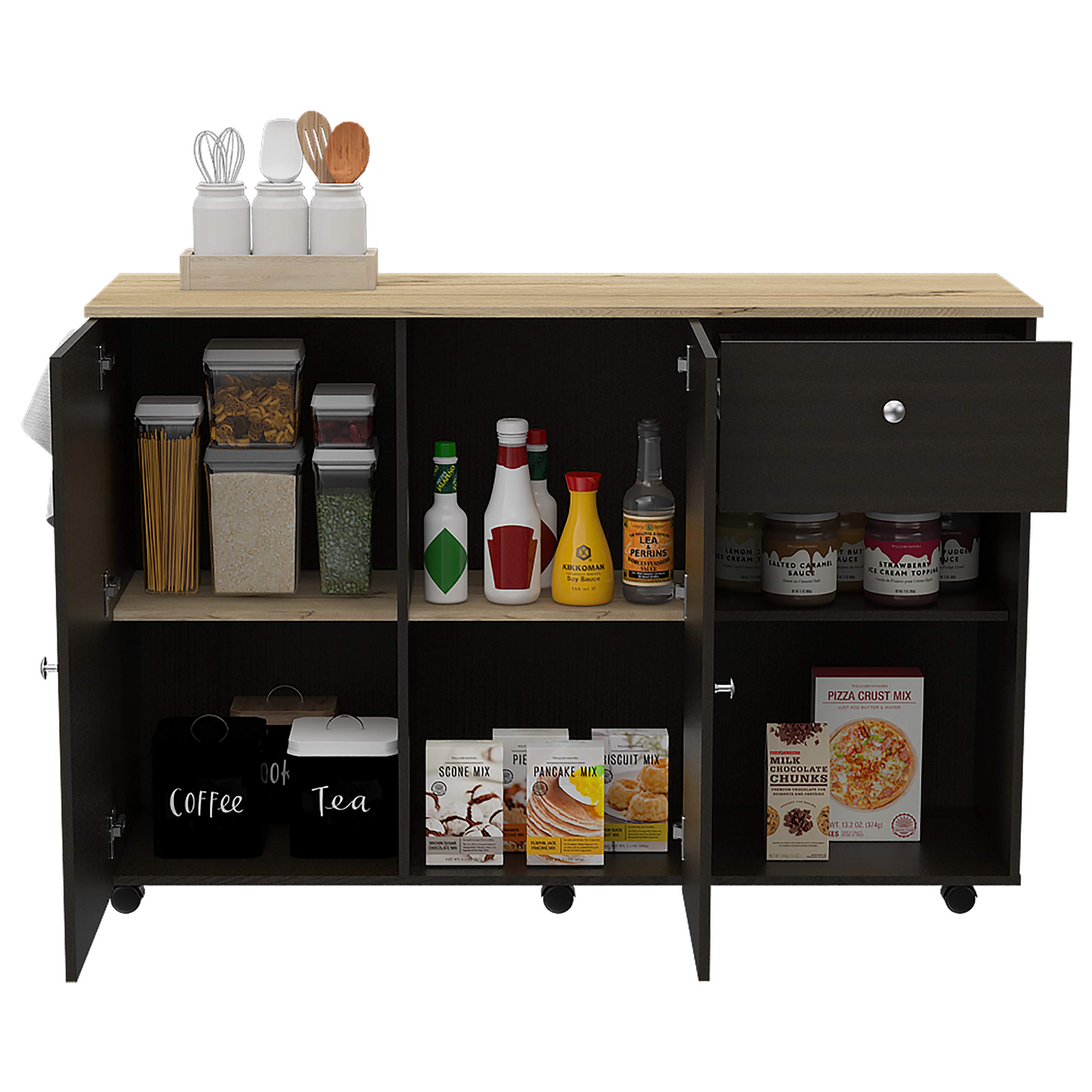 Chico Kitchen Island with 2 Cabinets, 2 Open Shelves & Drawer - Black Wenge Finish | Mobile Kitchen Cart with Storage for Small Spaces | Perfect for Apartments, Dorms & Compact Kitchens