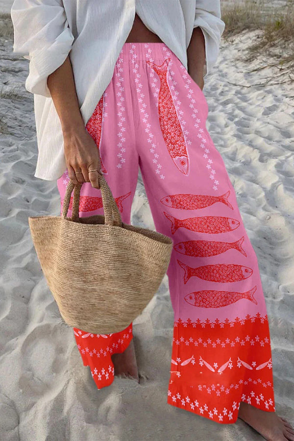 Stylish Marine Print Elastic Waist Loose Pocket Pants for Women - Comfortable Beachwear & Casual Summer Outfits