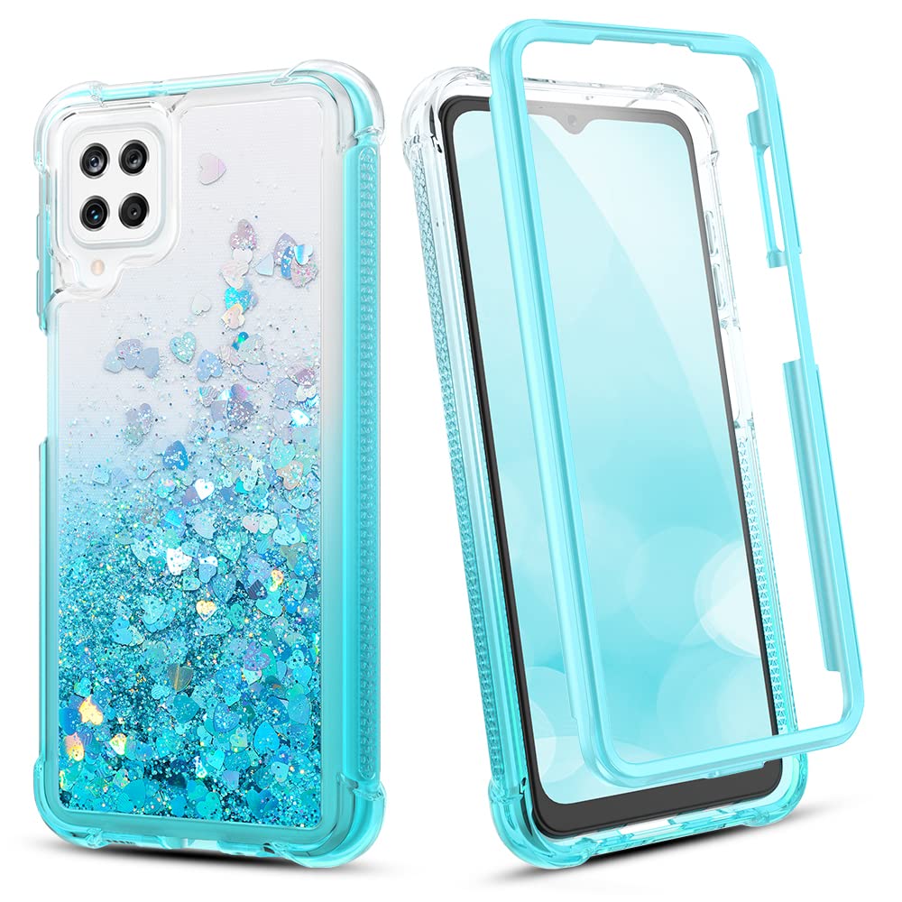 Samsung Galaxy A12 Case with Built-in Screen Protector - Glitter Liquid Sparkle Shockproof TPU Protective Cover for Women & Girls (Gradient Teal) | Perfect for Everyday Use, Work & School