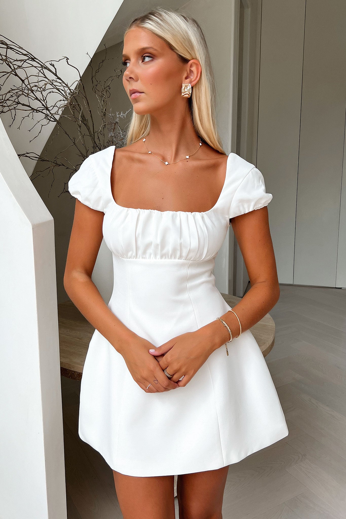 Arlette Mini Dress - White | Elegant Short Sleeve Party Dress for Women | Perfect for Cocktail Parties, Date Nights & Summer Events