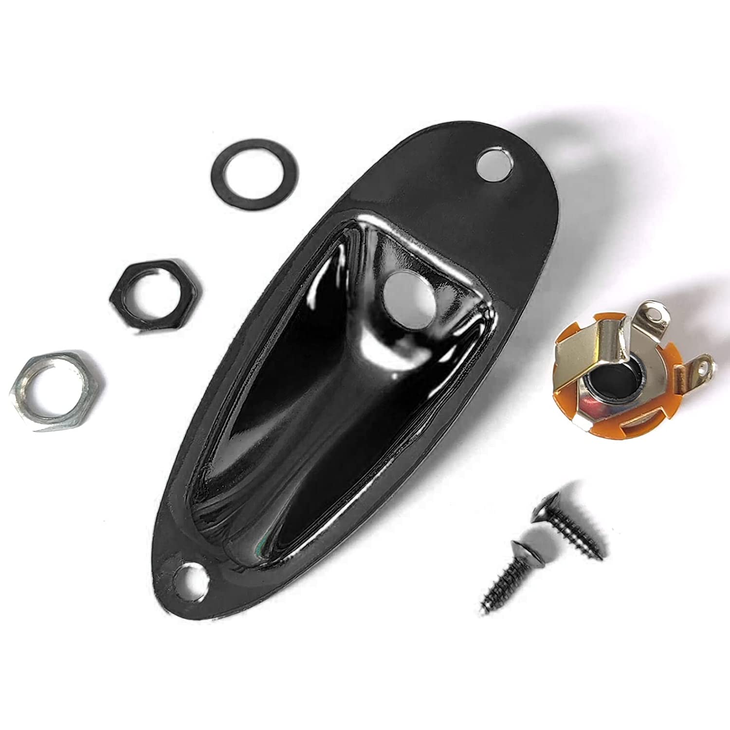 MAXCHEER 1/4 Inch Guitar Input Jack Socket Plate - Boat Style Mono Output with Screws for Fender Stratocaster & Electric Guitars | Replacement Part (Black) | Perfect for DIY Guitar Repairs & Upgrades