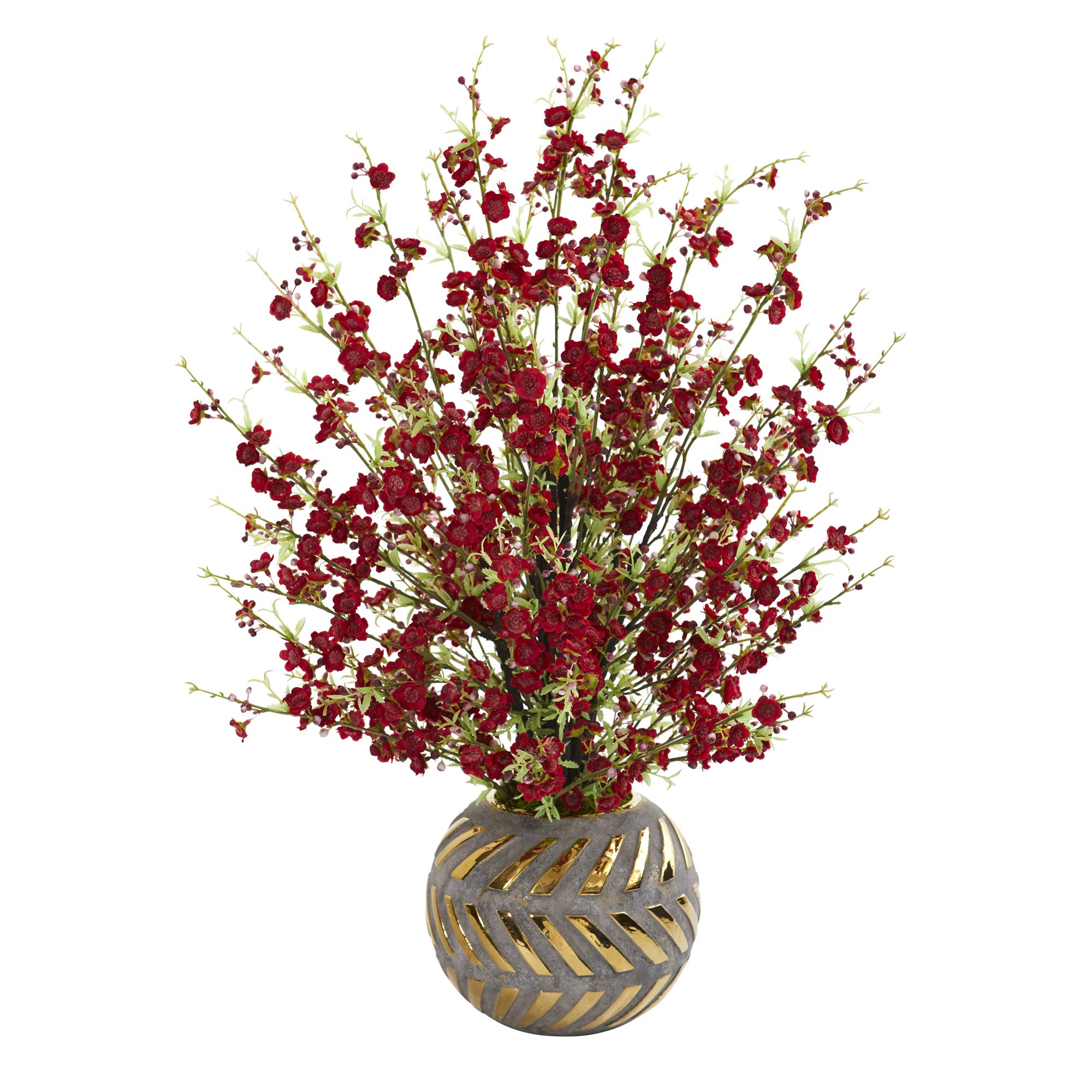 Nearly Natural 30 Inch Cherry Blossom Artificial Flower Arrangement in Stoneware Vase with Gold Trim - Perfect for Home Decor, Wedding Centerpieces & Office Tabletop Displays