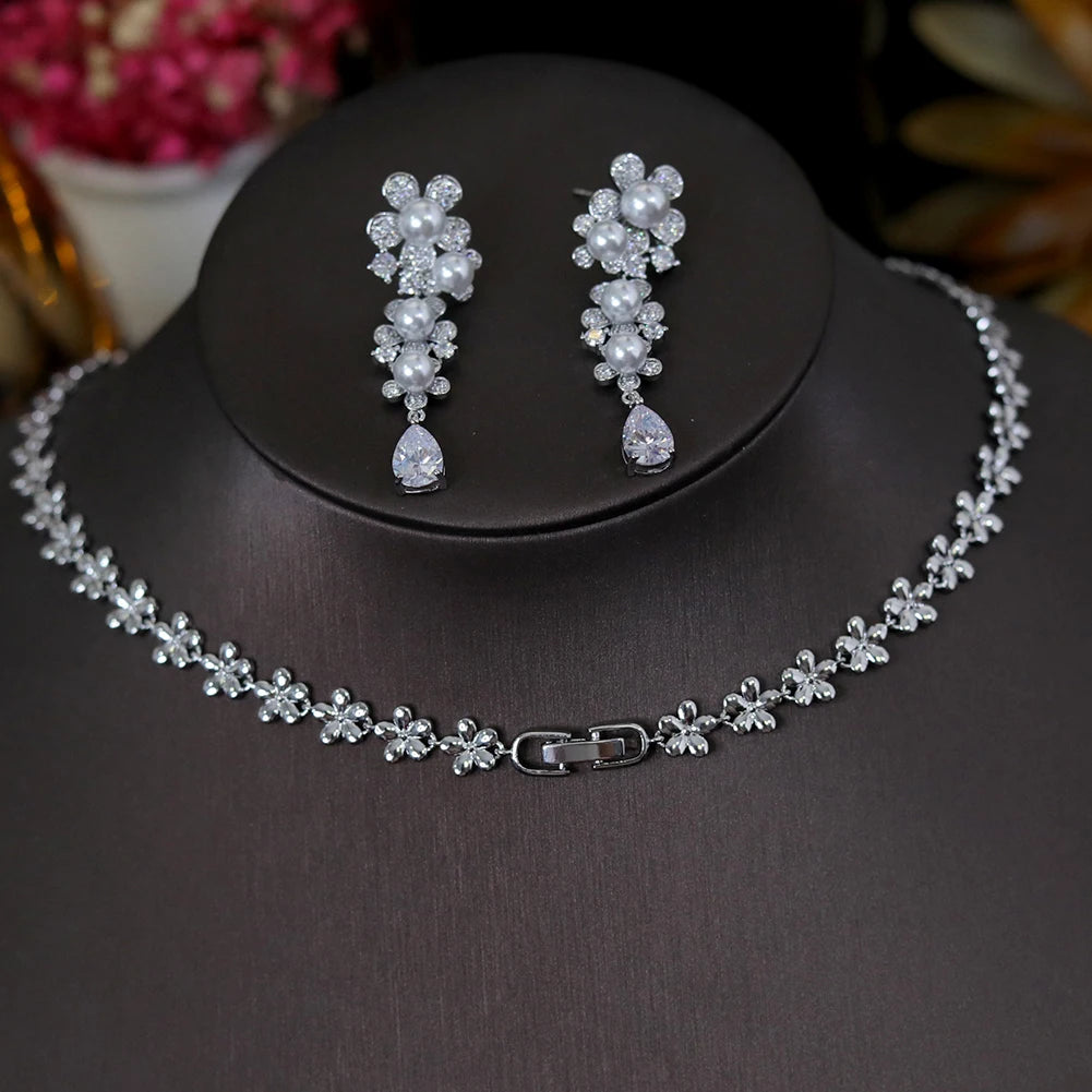 Bridal Pearl Jewelry Set with Zirconia Flower Necklace and Earrings - Elegant Wedding Accessories for Bride, Bridesmaid & Formal Occasions