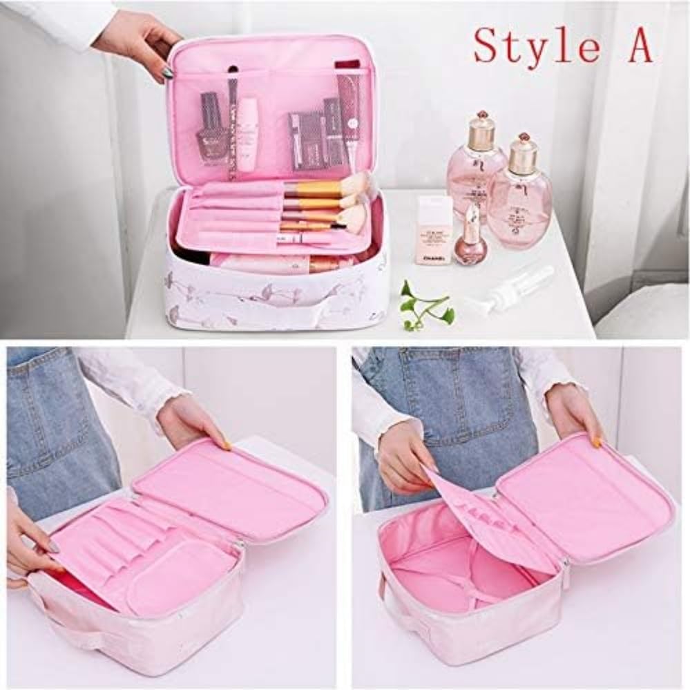 Trexee Portable Travel Makeup Bag with Dividers - Waterproof Cosmetic Organizer for Women & Teens - Perfect for Toiletries, Brushes & Beauty Essentials - Ideal for Vacation, Gym & Daily Use (Pink)