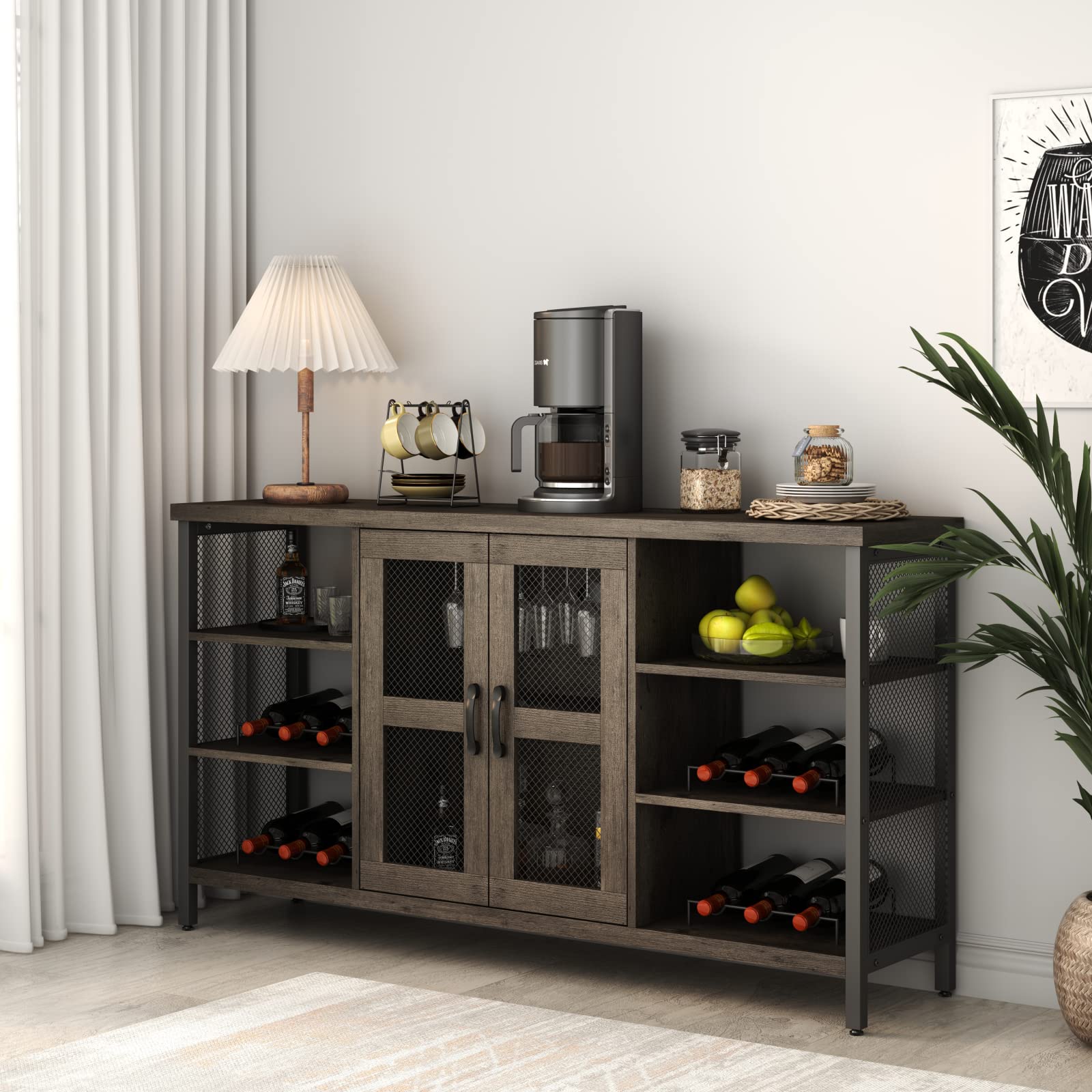Industrial Wine Bar Cabinet for Liquor & Glass Storage - Wooden Coffee Bar with Removable Wine Rack, Metal Sideboard Buffet Cabinet - Kitchen Storage Console Table in Gray - Perfect for Dining Room, Home Bar & Entertaining Spaces