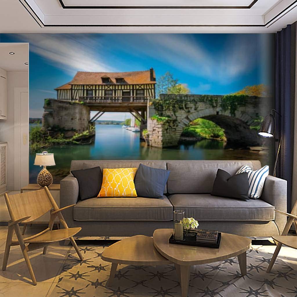 The Old Mill on The Broken Bridge Vernon Normandy France - Self Adhesive Removable Peel & Stick Wallpaper Mural for Living Room, Bedroom & Office - French Countryside Home Decor Wall Sticker
