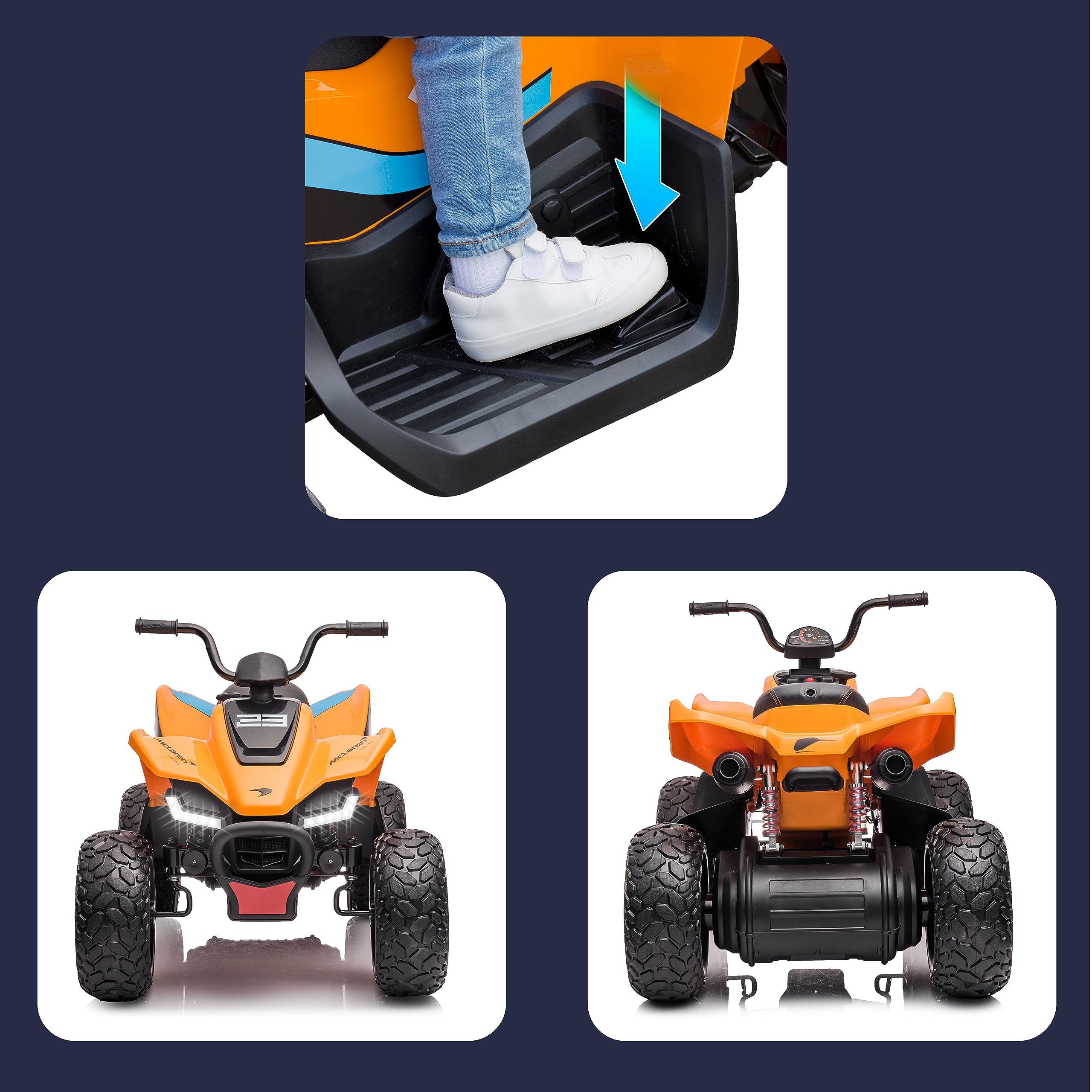 FEBER - 12V Battery-Powered McLaren MCL 35 Quad Ride-On Car with LED Lights, Original Model, 3-6 km/h Speed, Stable & Safe for Boys & Girls Ages 3+ - Perfect for Outdoor Play, Birthday Gifts & Family Fun (FEN11000)
