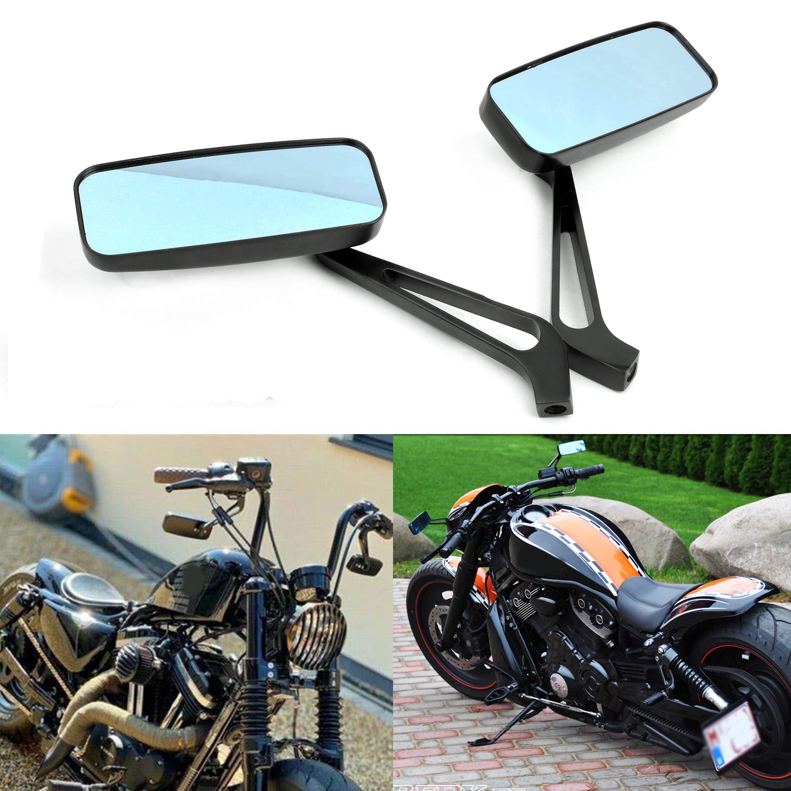 8mm/10mm Black Motorcycle Handlebar Mirrors for Harley Softail Sportster - Durable Rectangle Rearview Mirrors for Chopper & Bobber Bikes - Enhance Safety & Style on Cruiser Rides