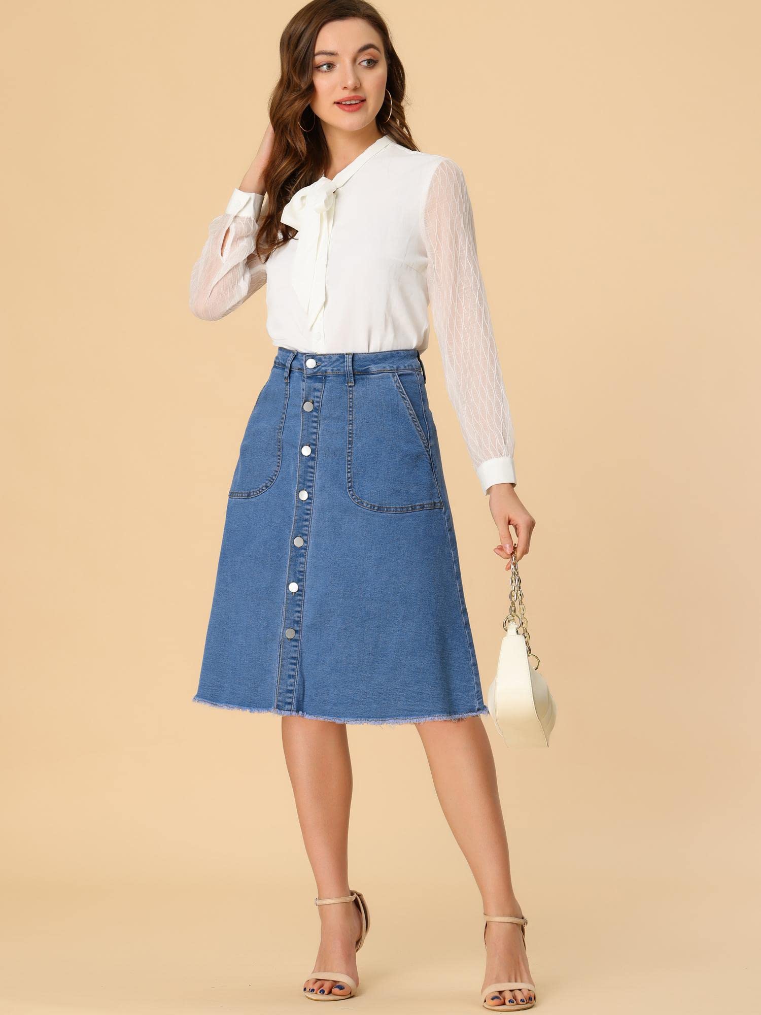 Allegra K Women's Raw Hem Button Down Denim Midi Skirt - Stretch Jeans Skirt for Casual Outfits, Work & Weekend Wear