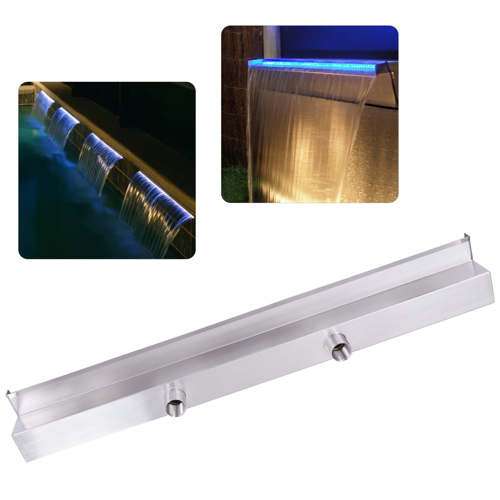 Stainless Steel Pool Fountain Waterfall Spillway - 35.4 Inch Rectangular LED Pond Waterfall for Garden, Backyard & Outdoor Decor | Perfect for Swimming Pools, Koi Ponds & Landscape Water Features