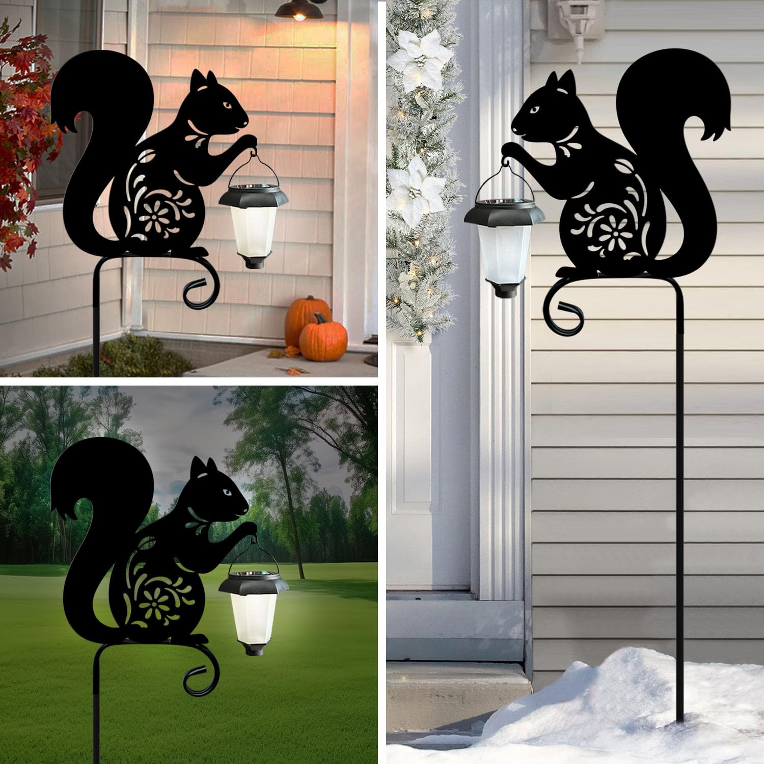Metal Squirrel Garden Stake - Hokfirm Solar Powered Outdoor Lights with Lantern, Waterproof Pathway & Garden Decor (Black Squirrel) - Perfect for Lawn, Yard, Patio & Landscape Lighting