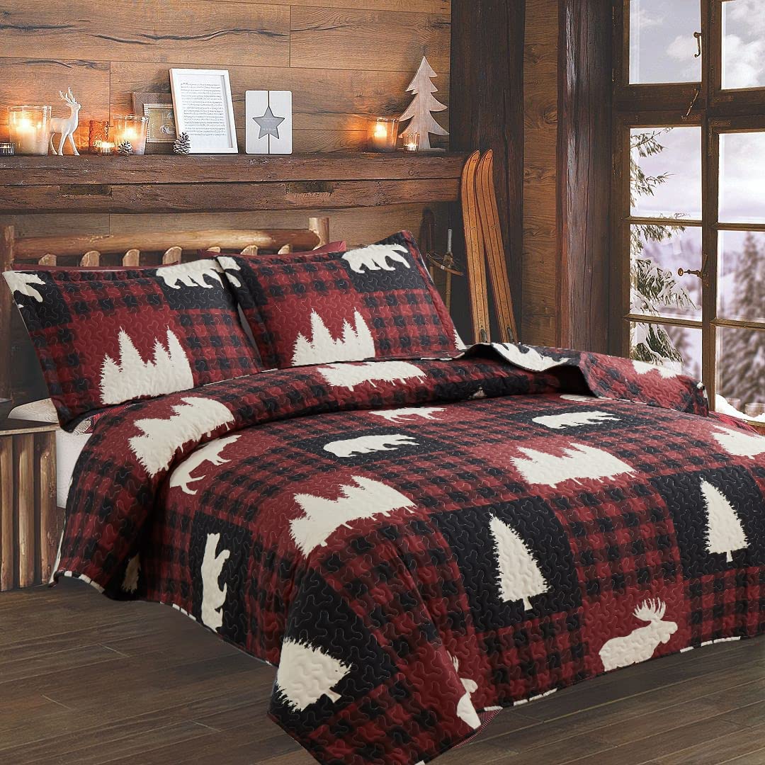 Rustic Buffalo Plaid Quilt Set - Twin Size Red & Black Lodge Bedspread, Lightweight Reversible Coverlet with Forest Moose Bear Design | Perfect for Cabin, Country Home, or Lodge Bedroom Decor