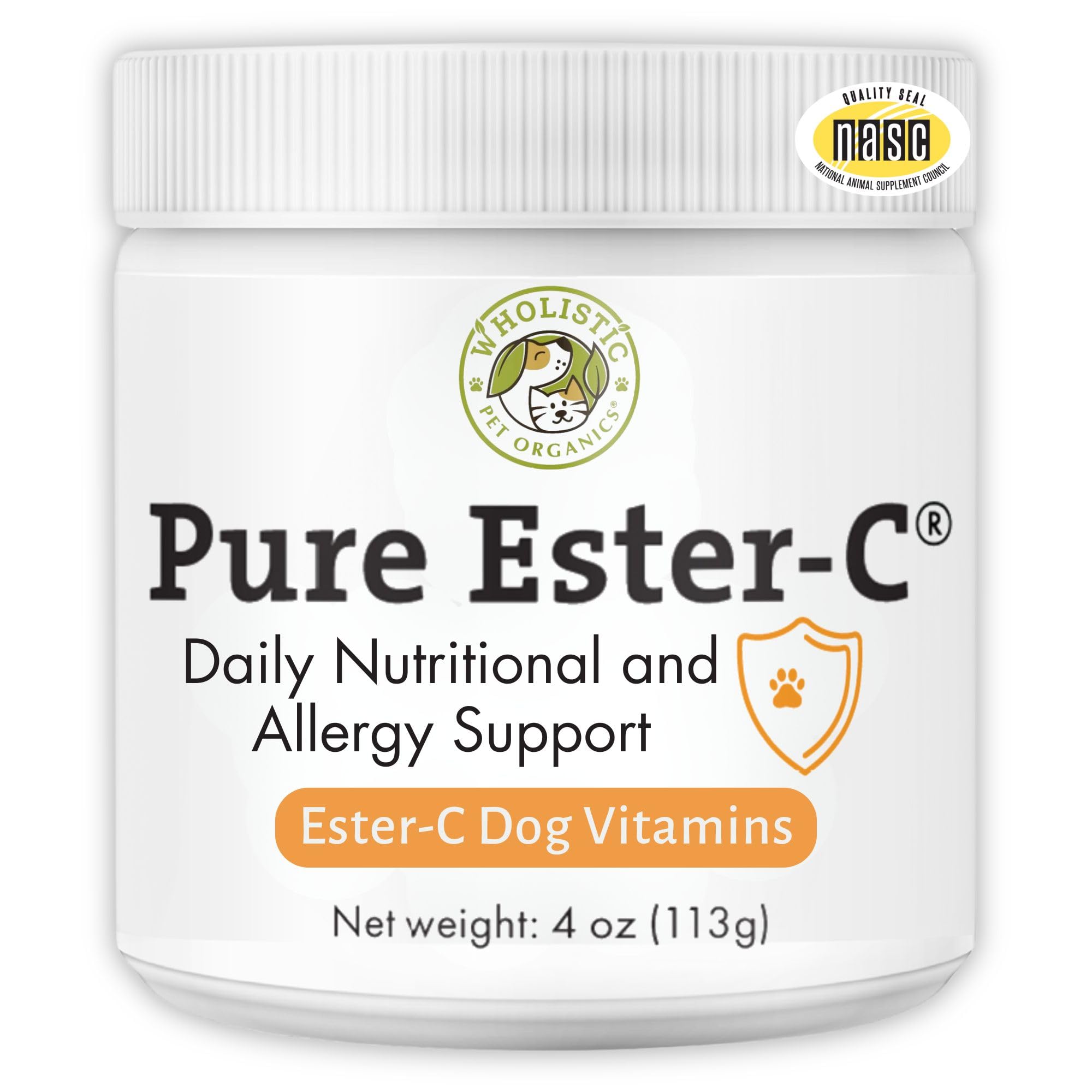 Wholistic Pet Organics Pure Ester-C Powder for Dogs & Cats - 4 Oz | Vitamin C Supplement for Immune Support, Skin & Coat Health & Allergy Relief | Dog Vitamin Powder for Itchy Skin & Homemade Food | Perfect for Daily Pet Nutrition & Immune Boosting