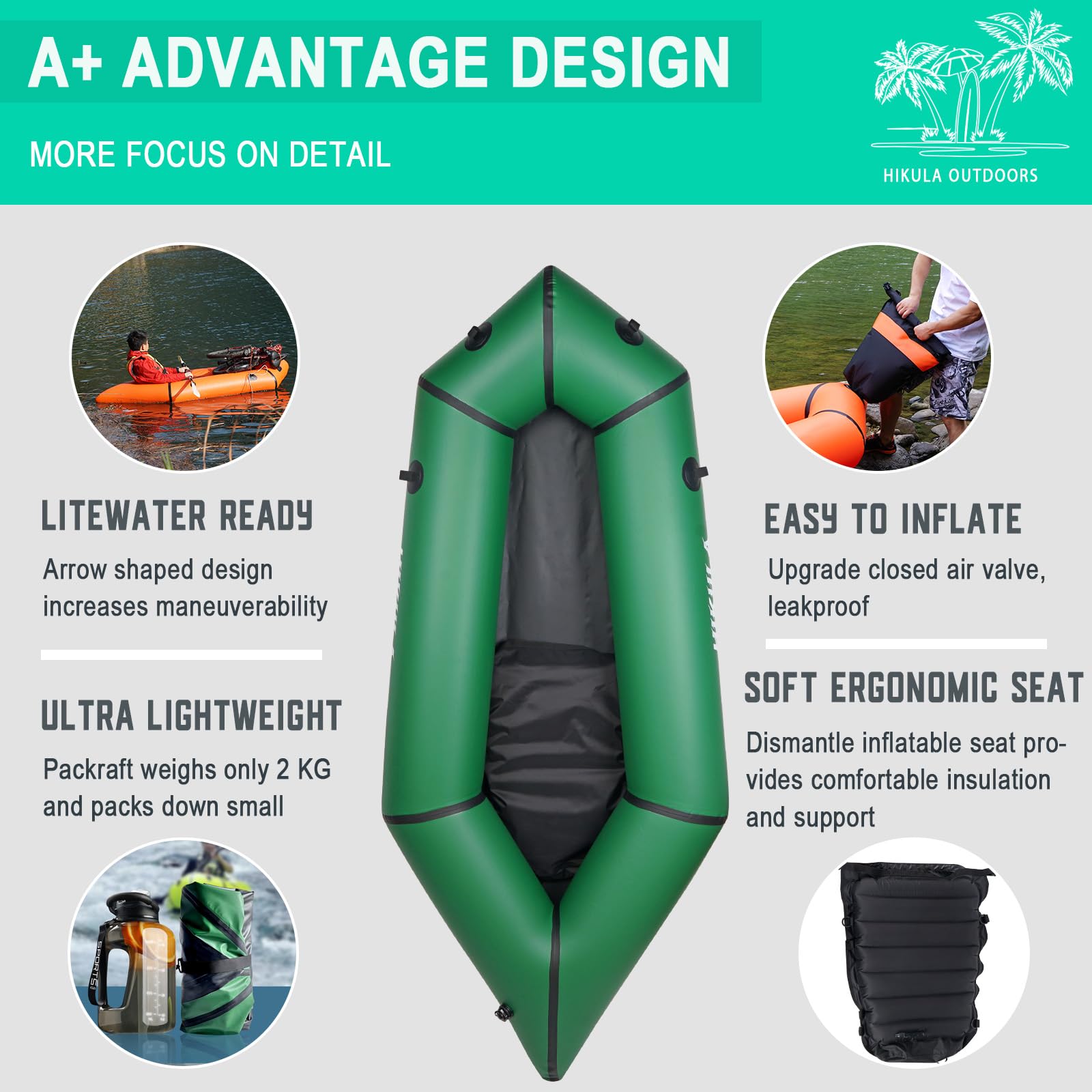 **TPU Inflatable Packraft Kayak - 1 Person Lightweight Pack Raft for Adults & Kids, Portable Dinghy with Soft Seat for Fishing, Adventure & Flat Water Rafting | Easy Rapid Inflation for Camping, Hiking & Outdoor Exploration**