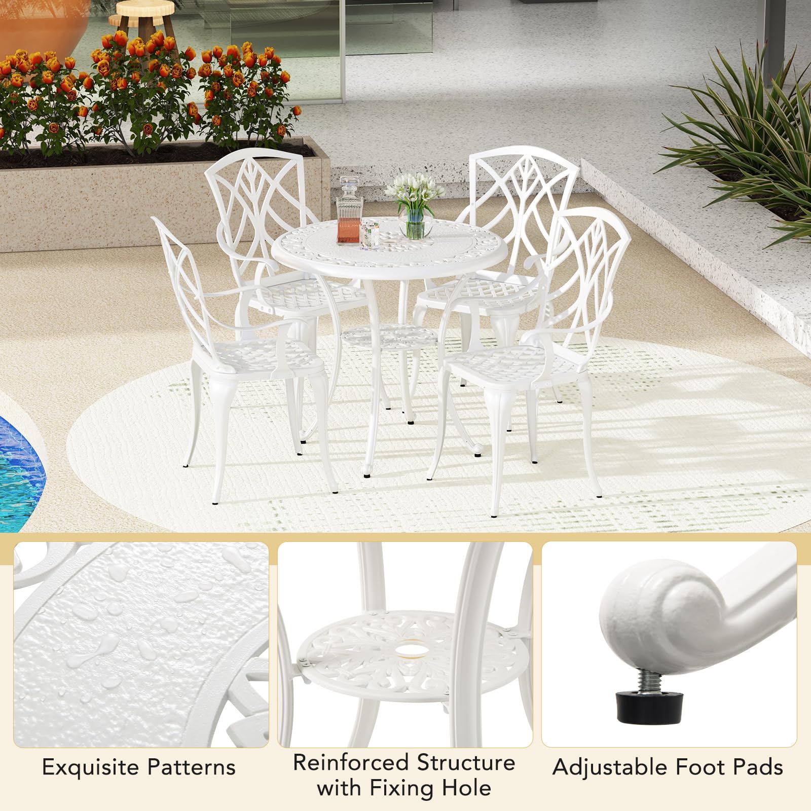 Tangkula 5-Piece Cast Aluminum Outdoor Dining Set - Round Table with 2” Umbrella Hole & 4 Armchairs, All-Weather Patio Furniture for Garden, Backyard, Balcony (White) - Perfect for Outdoor Entertaining & Relaxation