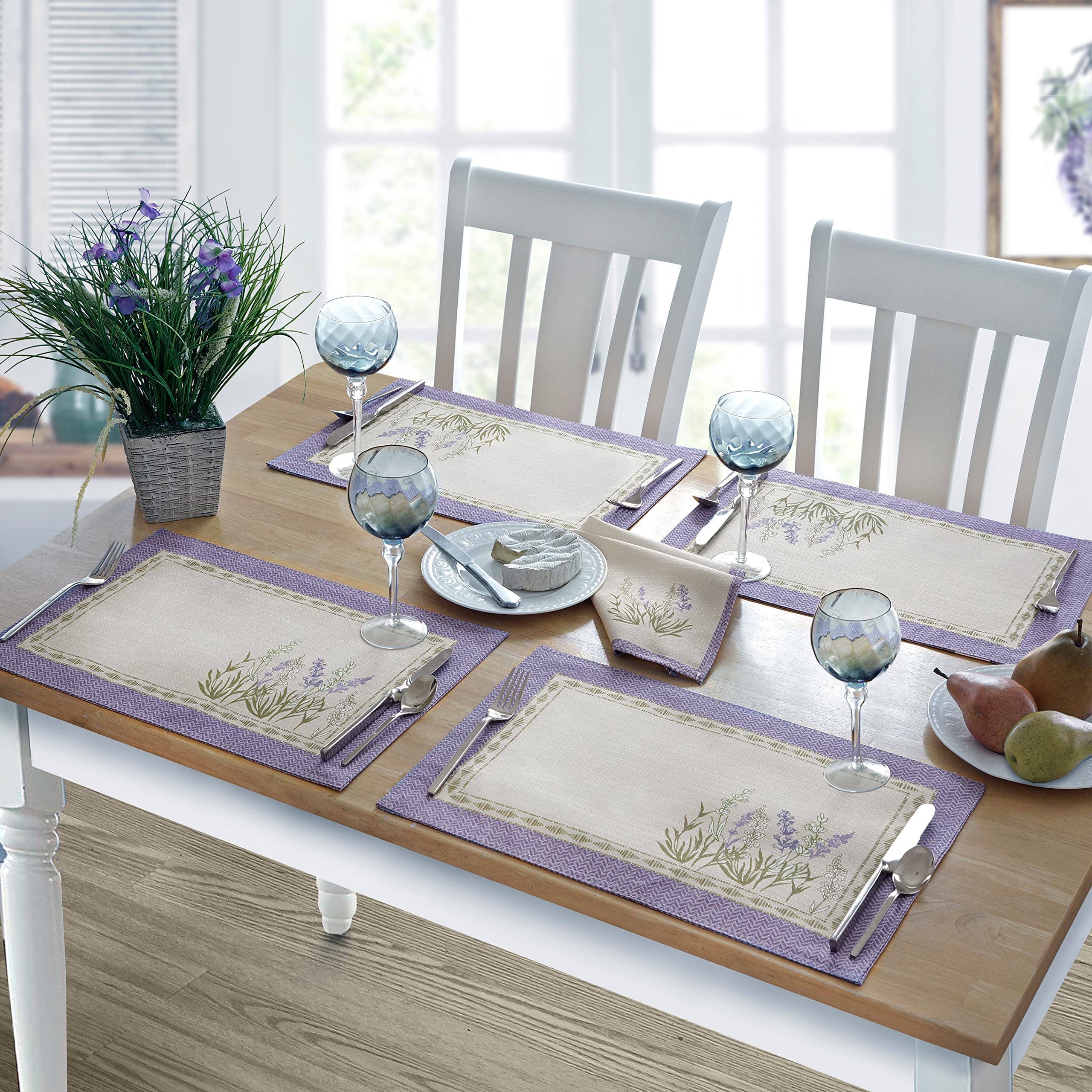 Provence Blanchard Field of Lilacs French Country Fabric Placemats - Set of 4, Stain & Water Resistant, Wrinkle Free for Indoor/Outdoor Use - Perfect for Dining Tables, Picnics, and Home Decor