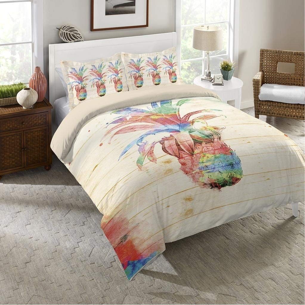 Laural Home Colorful Pineapple Queen Duvet Cover Set - Tropical Fruit Pattern Bedding for Summer & Beach Themed Bedrooms