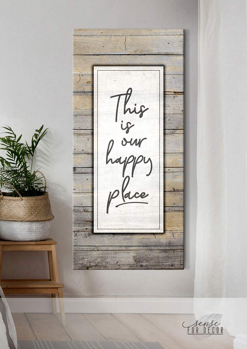 Happy Place V16 Wooden Framed Canvas Wall Art - Ready to Hang Home Decor in Cream Grey | Perfect for Living Room, Bedroom & Office Decorations