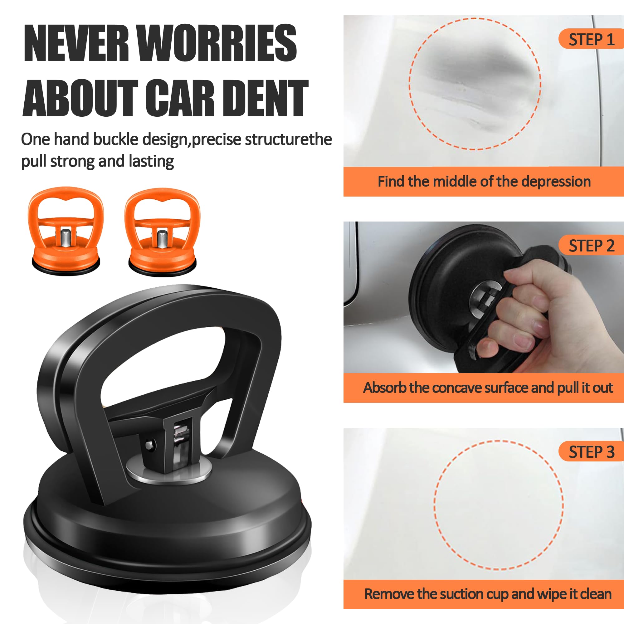 3 Pack Car Dent Puller & Remover Tool - for Auto Glass, Screens, Tiles - Black & Orange
