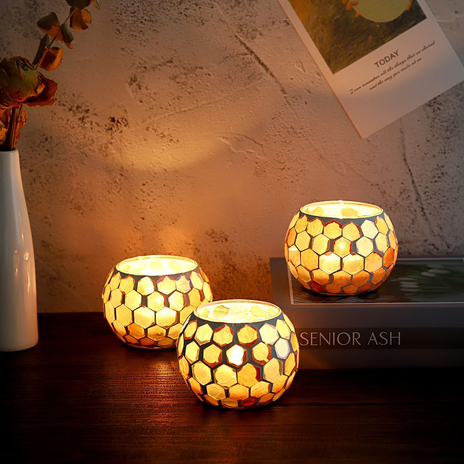 Set of 3 Mosaic Glass Tea Light Holders - Round Bowl Votive Candle Stands for Wedding Centerpieces, Dining Table Decor & Home Ambiance | Perfect for Romantic Dinners, Party Decorations & Spa Relaxation