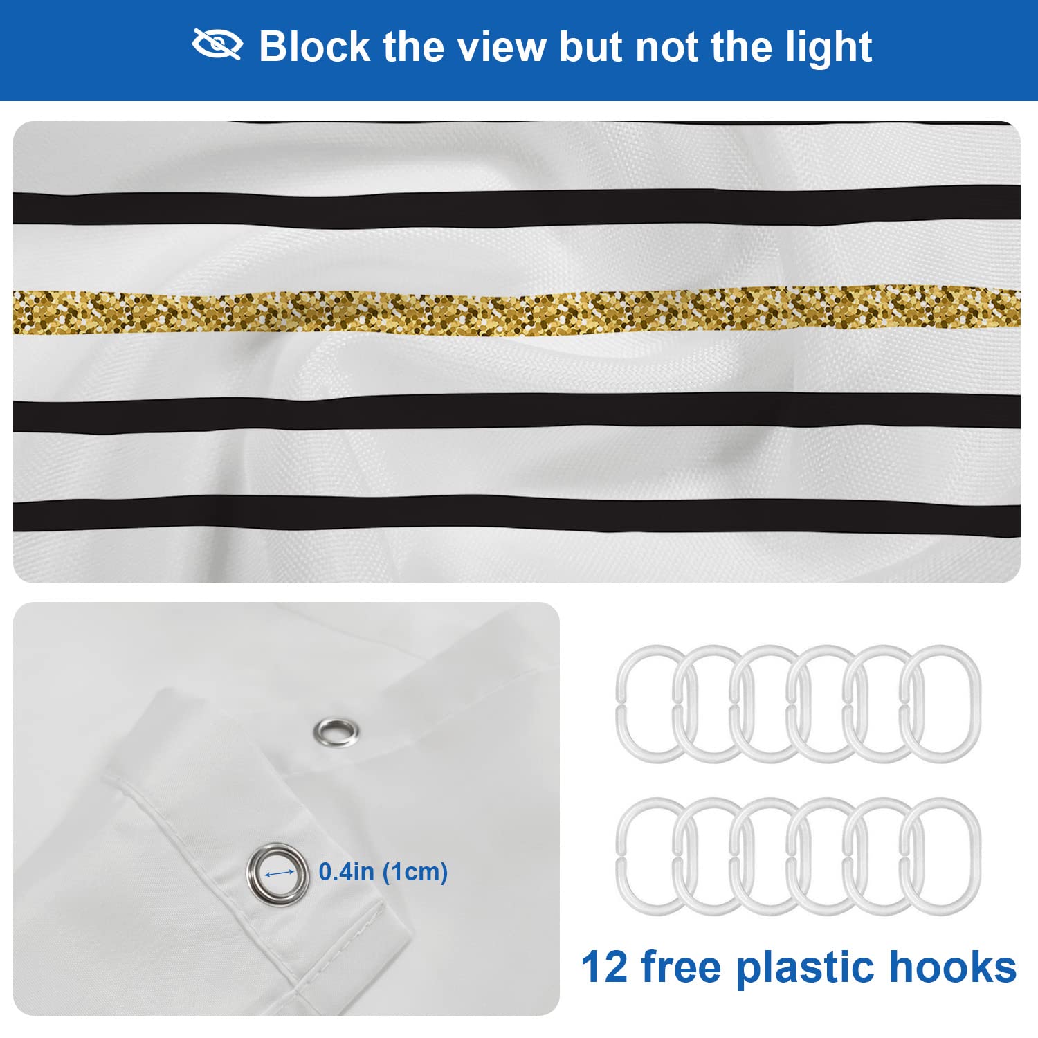 Shrahala Black White Gold Geometric Abstract Shower Curtain - Waterproof Bathroom Decor with Grommets 72x72 Inch - Perfect for Modern, Boho & Luxury Bathroom Styles