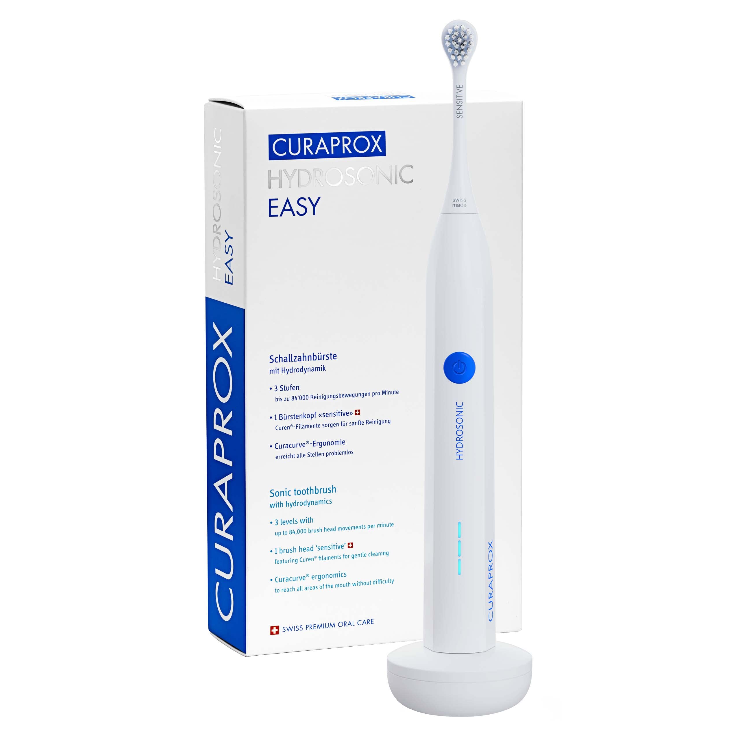 Curaprox Sonic Electric Toothbrush Hydrosonic Easy - 3 Cleaning Modes, 2-Minute Timer, Sensitive Brush Head, Powerful Battery with Charger & Travel Case - Perfect for Home, Travel & Daily Oral Care