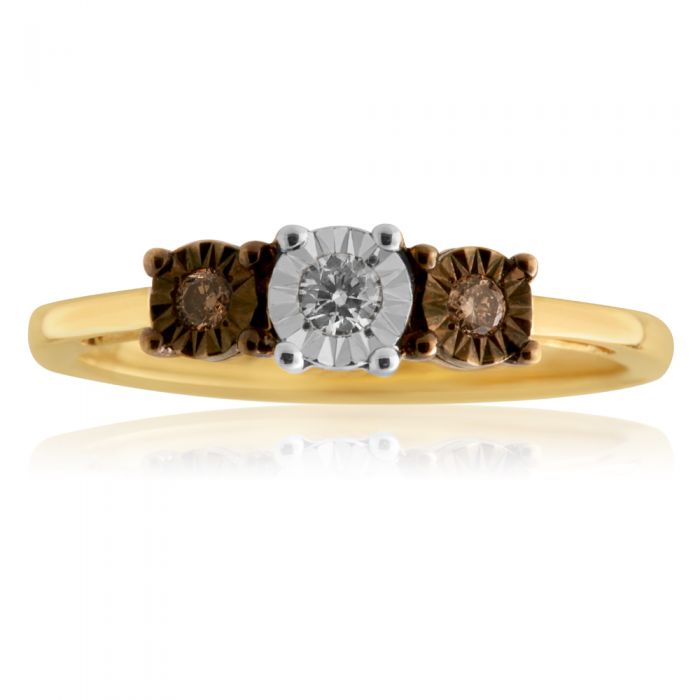 9ct Yellow Gold Australian Champagne Diamond Ring with 2 Brilliant White Diamonds - Elegant Wedding, Engagement & Anniversary Jewelry Gift for Her