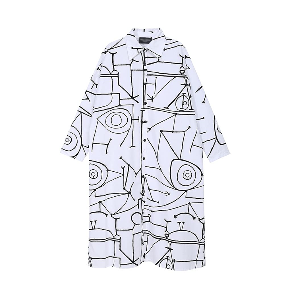 GRETD Women's White Pattern Printed Plus Size Dress - Lapel Long Sleeve Loose Fit Fashion Trend for Spring & Autumn | Office Wear, Casual Outing, Party Dress (White, One Size)