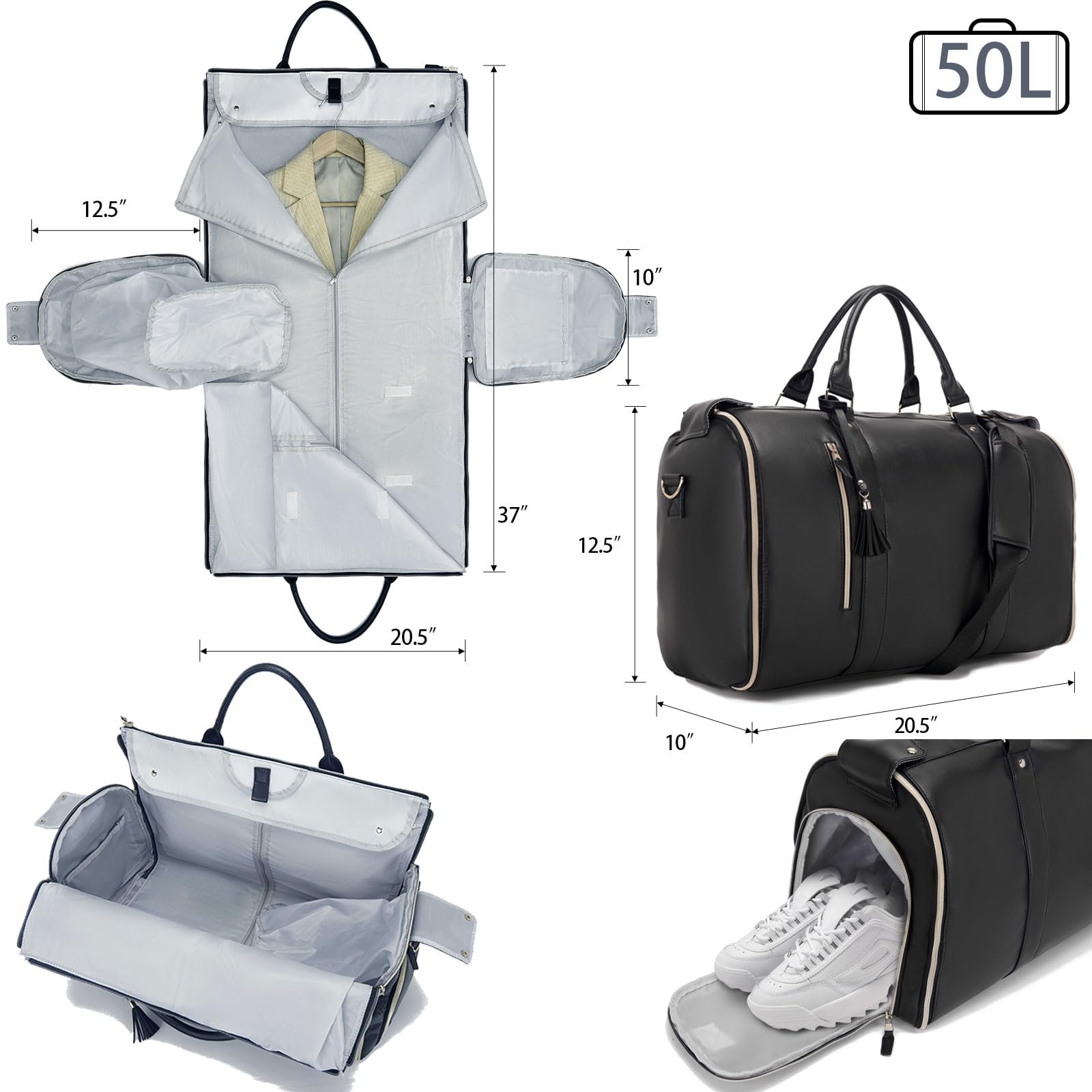 3 in 1 Foldable Leather Travel Garment Bag - Large Capacity Convertible Carry On Duffel with Shoe Pouch | Hanging Suit Dress Weekender Bag for Men & Women (Black) | Perfect for Business Trips, Vacations & Weekend Getaways
