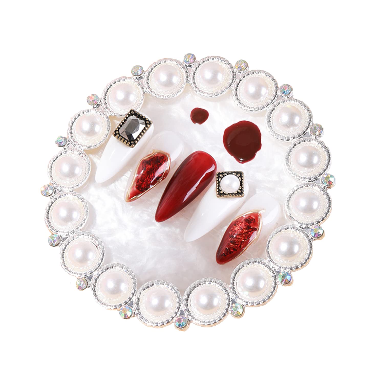 Vintage Resin Nail Art Palette with Pearls & Rhinestones - Professional Gel Nail Color Mixer & Polish Holder for Manicure - Perfect for Nail Salon, DIY Home Nail Art & Professional Nail Display (White Pearl Style)
