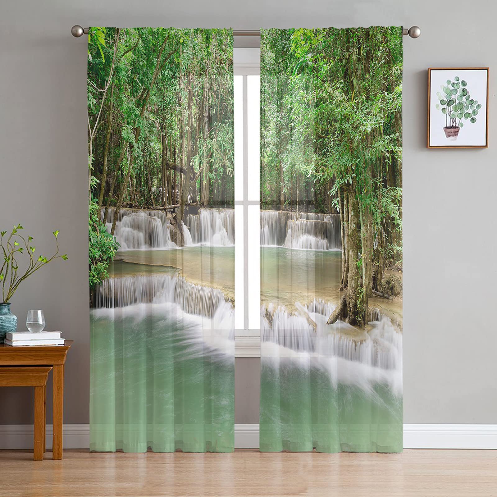 2 PCS Semi-Sheer Voile Curtains 96 Inches Long - Forest River Scenery Design, Rod Pocket Window Drapes for Living Room & Bedroom | Light Filtering Chiffon Fabric Sheer Panels Perfect for Cafe Style, Cozy Home Decor & Natural Light Control