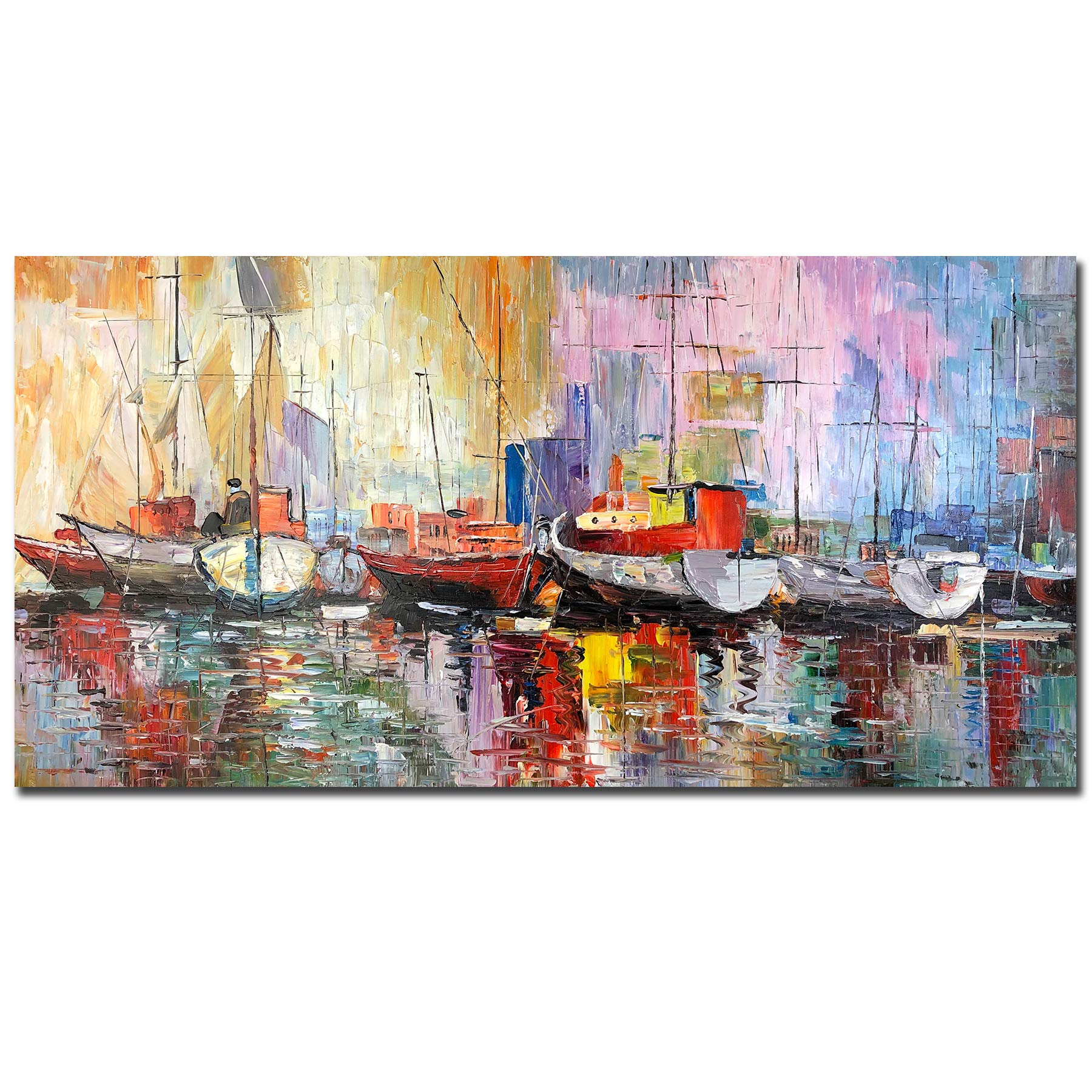 24x48 Inch Hand Painted Sailboat Oil Painting - Abstract Modern Canvas Artwork, Romantic Seascape Wall Decor - Stretched & Framed Ready to Hang - Perfect for Living Room, Bedroom or Office Decoration