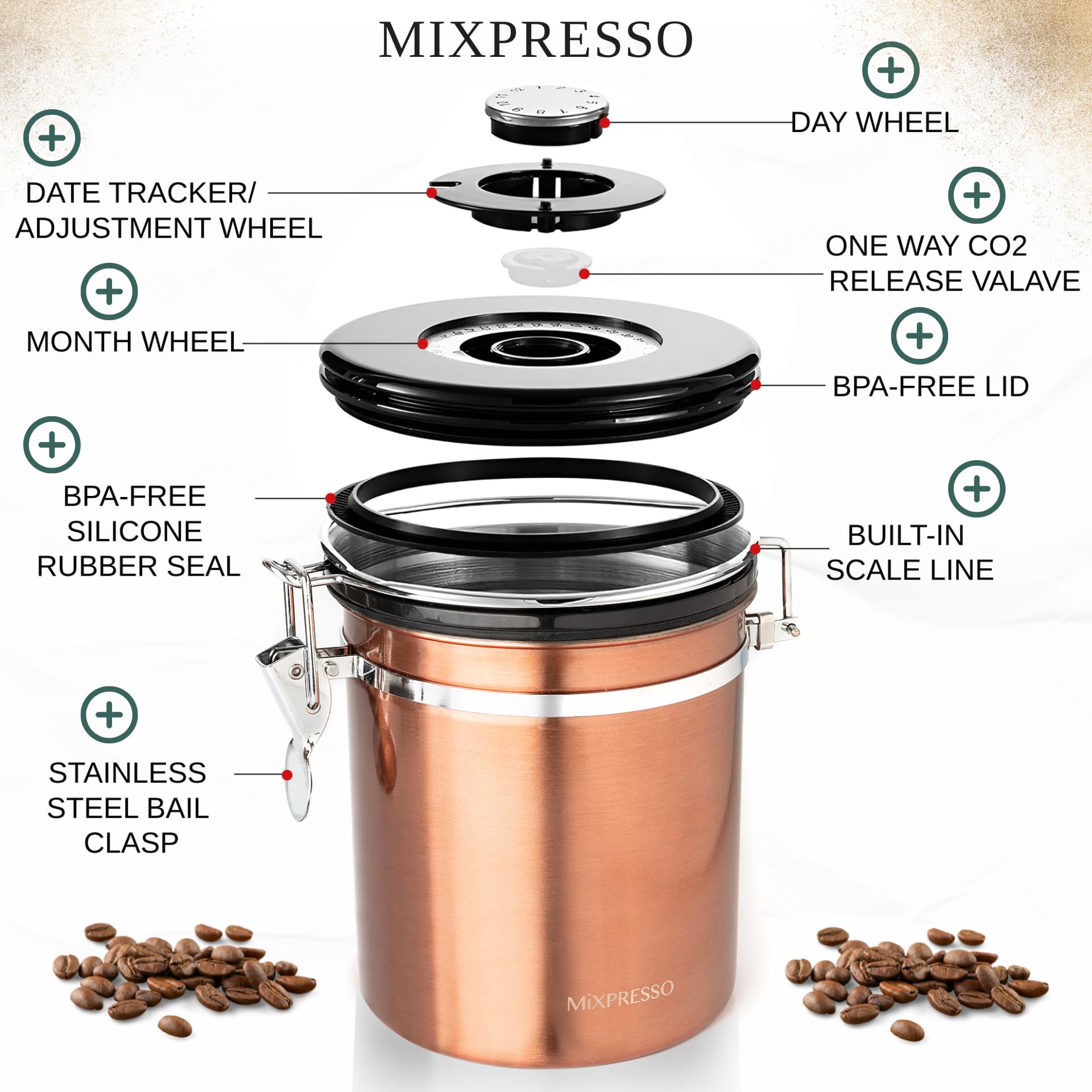 Mixpresso Bronze Stainless Steel Airtight Coffee Container with Date Tracker - 16oz Vacuum Sealed Storage Jar for Coffee Beans, Grounds & Tea - Perfect for Kitchen Countertop, Pantry or Office Use