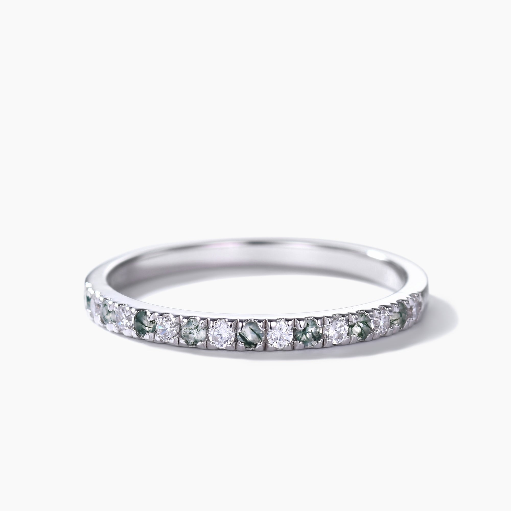 Elegant Moss Agate Wedding Band in White Gold with Moissanite - 2mm Half Eternity Stacking Ring for Women | Perfect for Bridal Jewelry, Anniversary Gifts & Everyday Wear