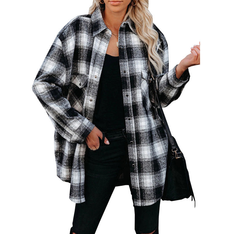 Women's Plaid Shirt Spring Loose Fit Mid-Length Blouse with Turndown Collar - Casual Outfit for Work, Dating & Everyday Wear