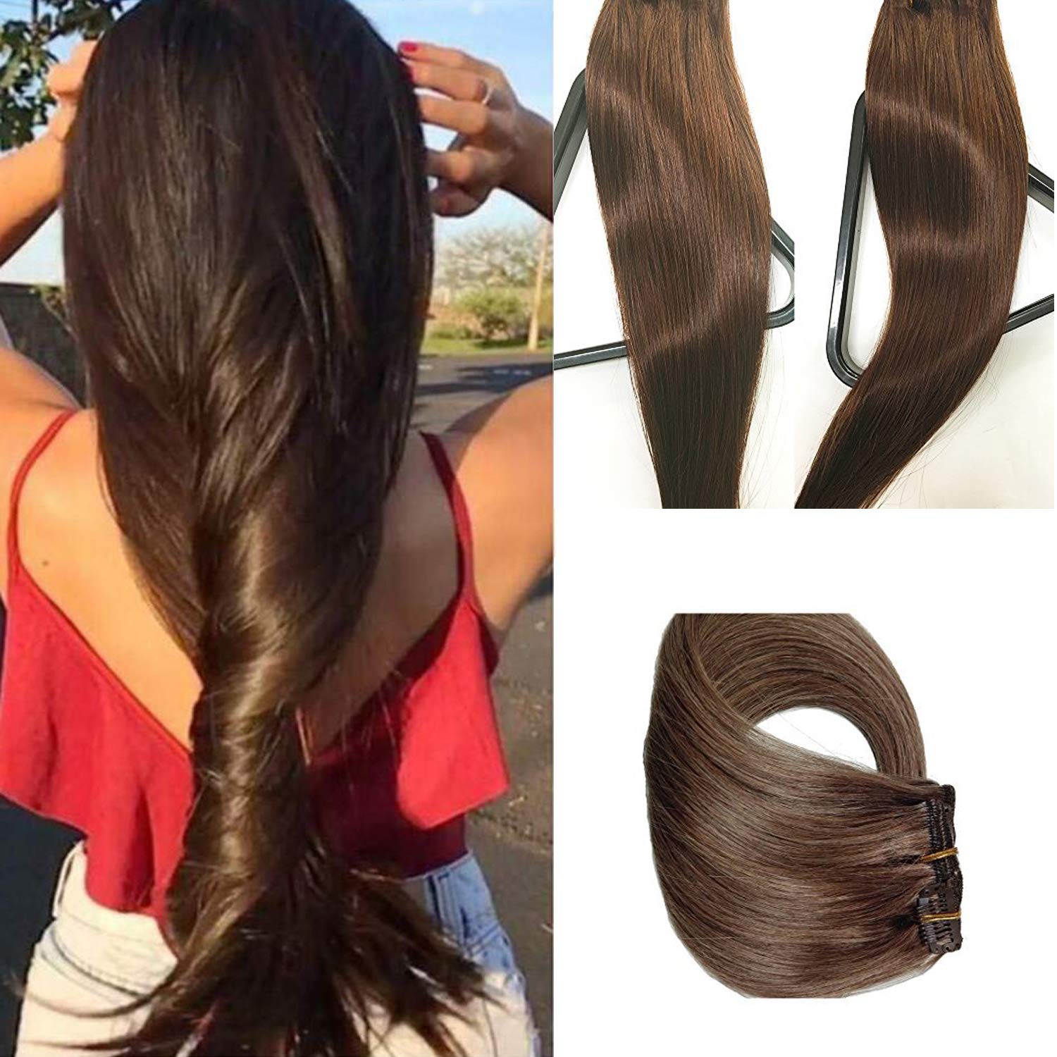 Premium 22-Inch Medium Brown Clip-In Hair Extensions – 100% Remy Human Hair, Silky Straight, Double Weft (70g, 7 Pieces) for Women | 8A Brazilian Quality | Perfect for Daily Wear, Parties, Weddings & Special Occasions