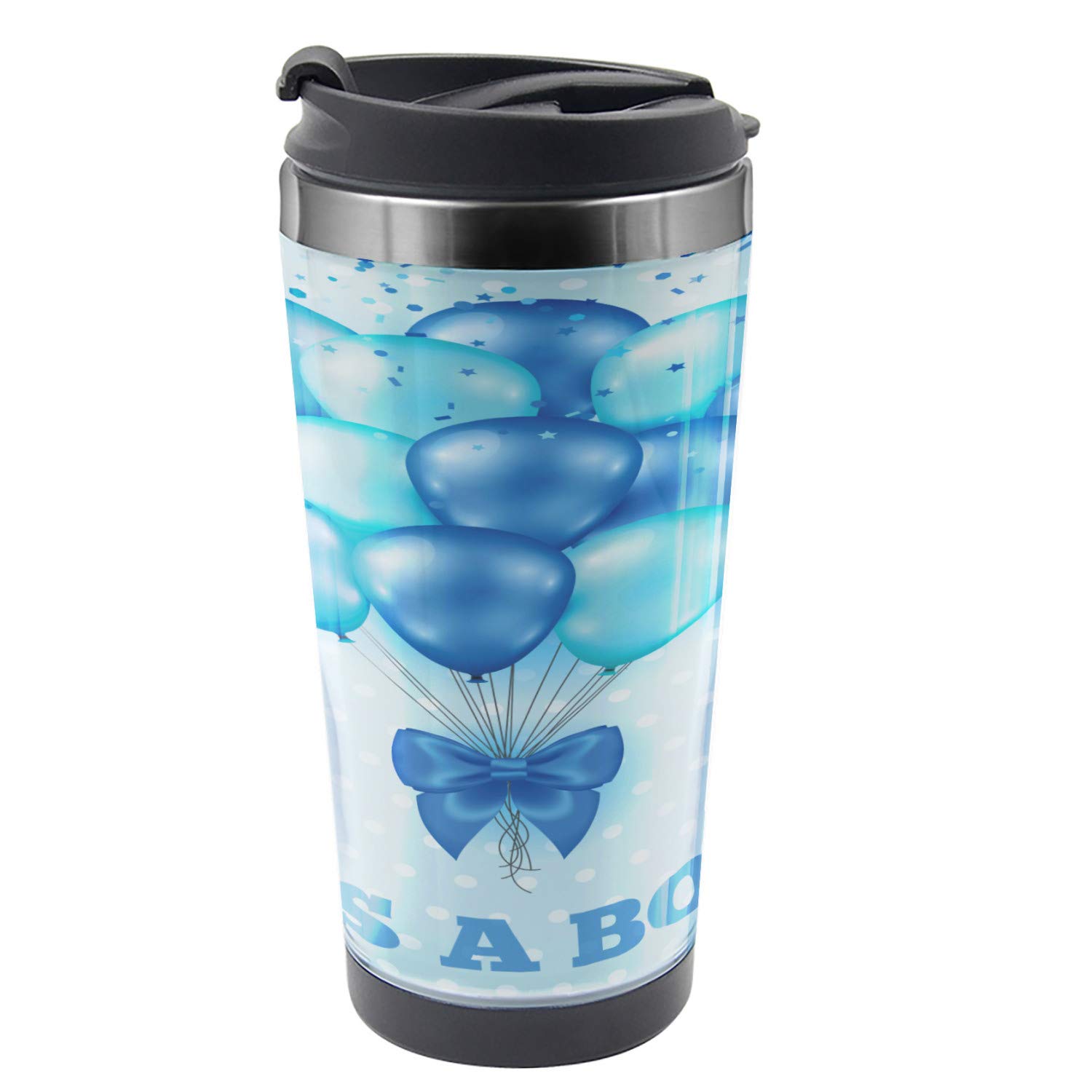 Ambesonne 16 oz Stainless Steel Travel Mug with Balloons & Polka Dots Design - Sky Blue Thermal Coffee Cup for Hot & Cold Drinks - Perfect for Commuting, Camping, Office & Outdoor Activities