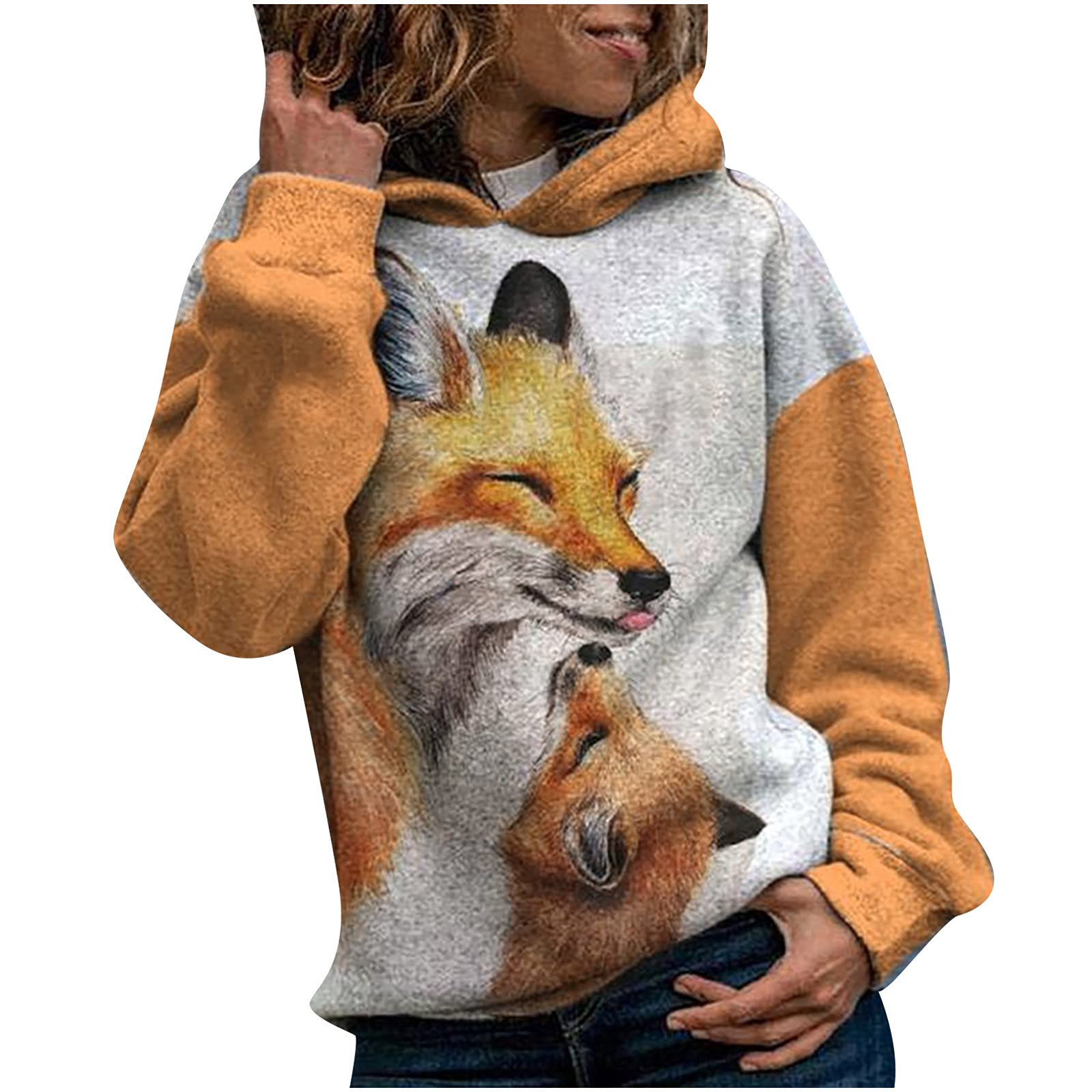 Women's Fox Print Hoodie - Cute Animal Cotton Pullover Sweatshirt with Color Block Design | Long Sleeve Casual Blouse for Women | Perfect for Streetwear, Loungewear & Autumn Fashion