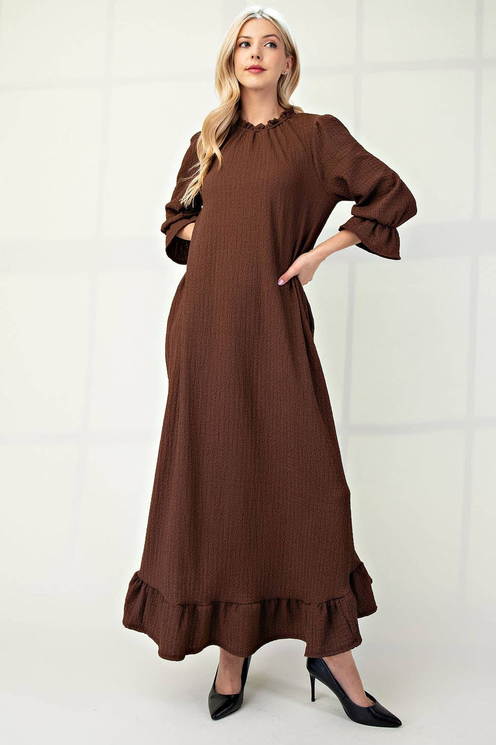 Plus Size Maxi Dress with Puff Sleeves - Brown Flowy Long Dress for Women 1XL | Casual Summer Dress for Beach, Party & Everyday Wear