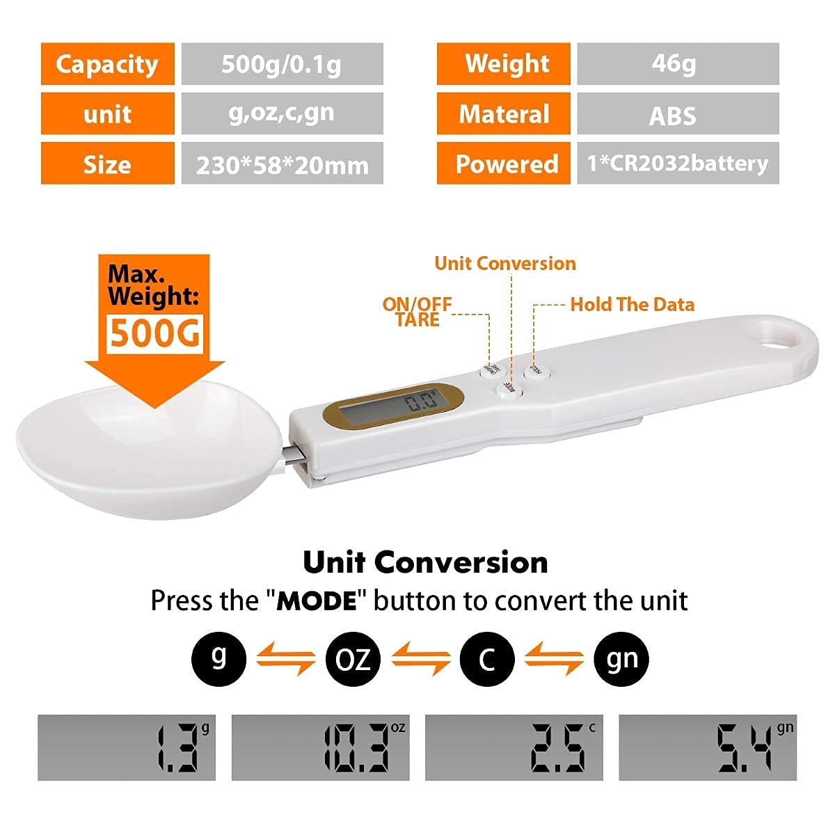 CUZWAVE Digital Kitchen Spoon Scale - 1.1lb/500g/0.1g Precision LCD Display for Measuring Cooking Ingredients | Perfect for Baking, Meal Prep & Portion Control