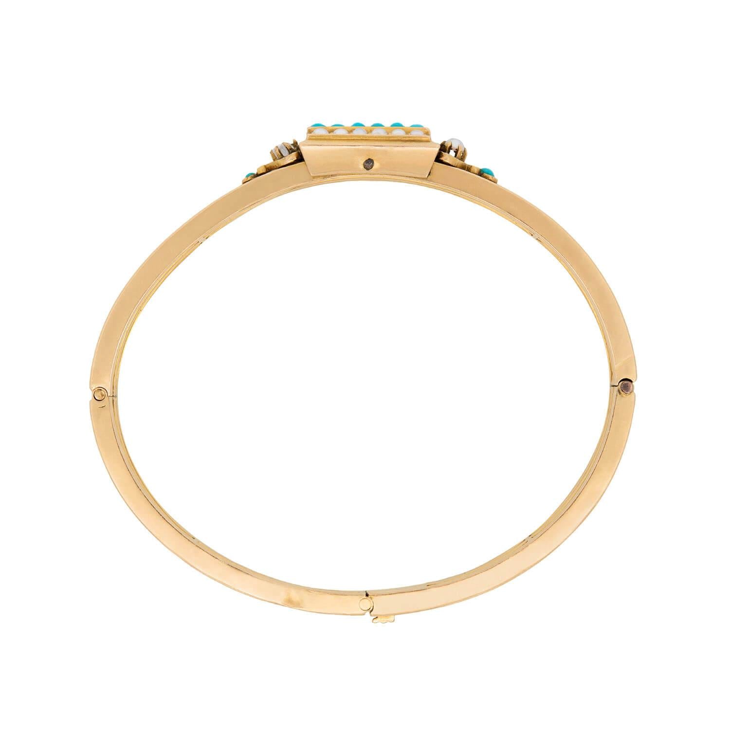 18K Gold Victorian French Turquoise Pearl Bangle Bracelet - Elegant Jewelry for Weddings, Parties & Special Occasions