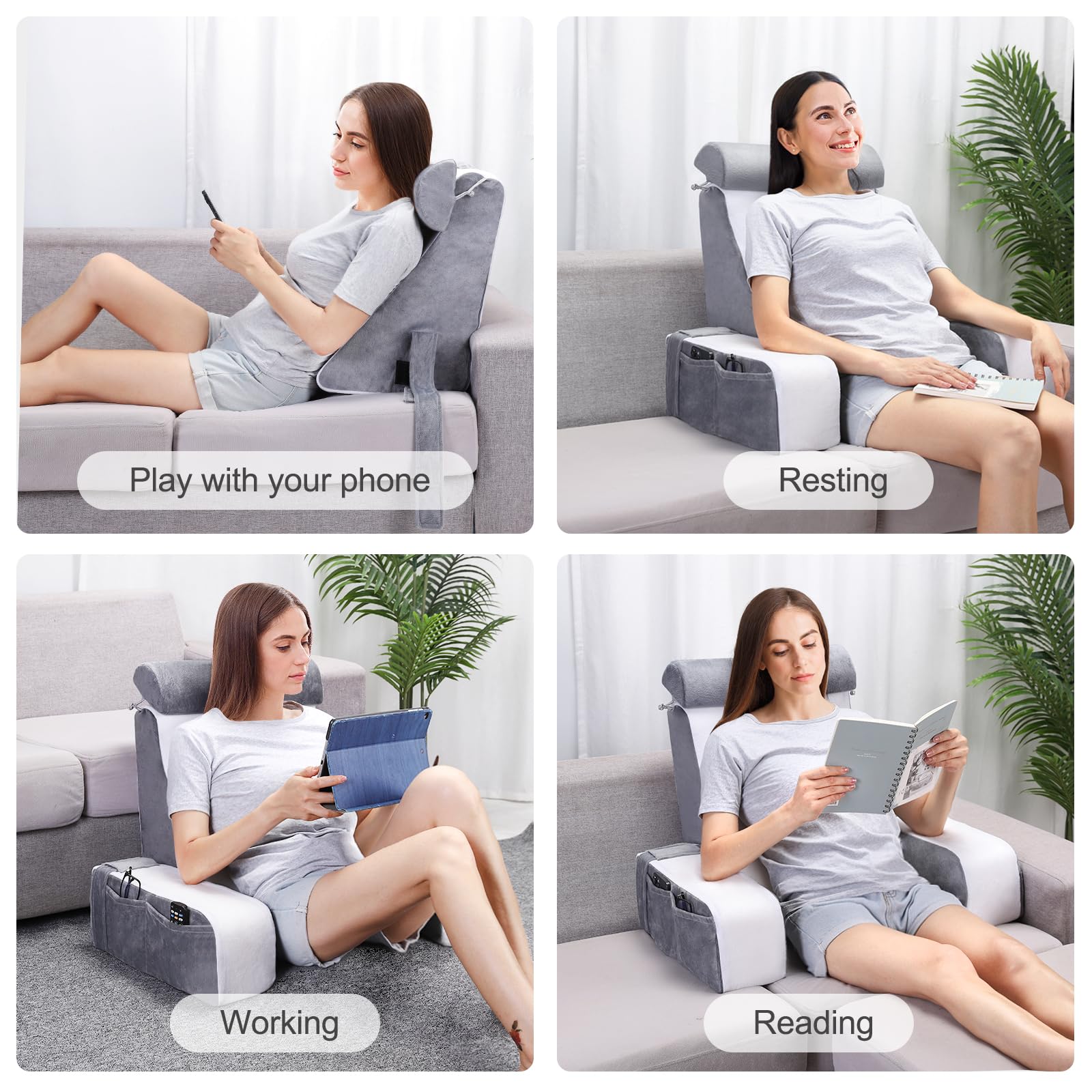 **Comfortable Reading Pillow for Adults - 19in Grey & White Back Support Pillow with Arms and Headrest for Sitting in Bed, Watching TV, or Relaxing - Solid Foam Chair for Ultimate Comfort**