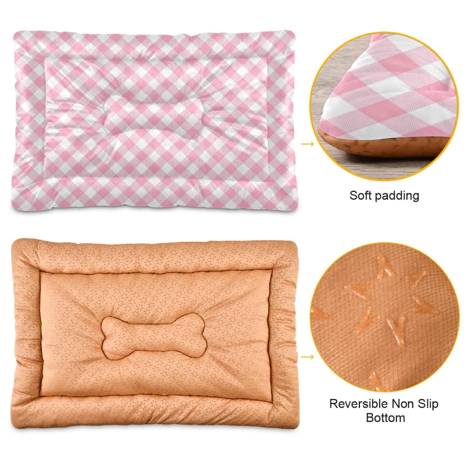 Pink Gingham Dog Bed for Small & Medium Dogs - Ultra Soft Rectangular Pet Bed with Calming Design, 24x18 Inch - Perfect for Crates, Living Rooms & Bedrooms
