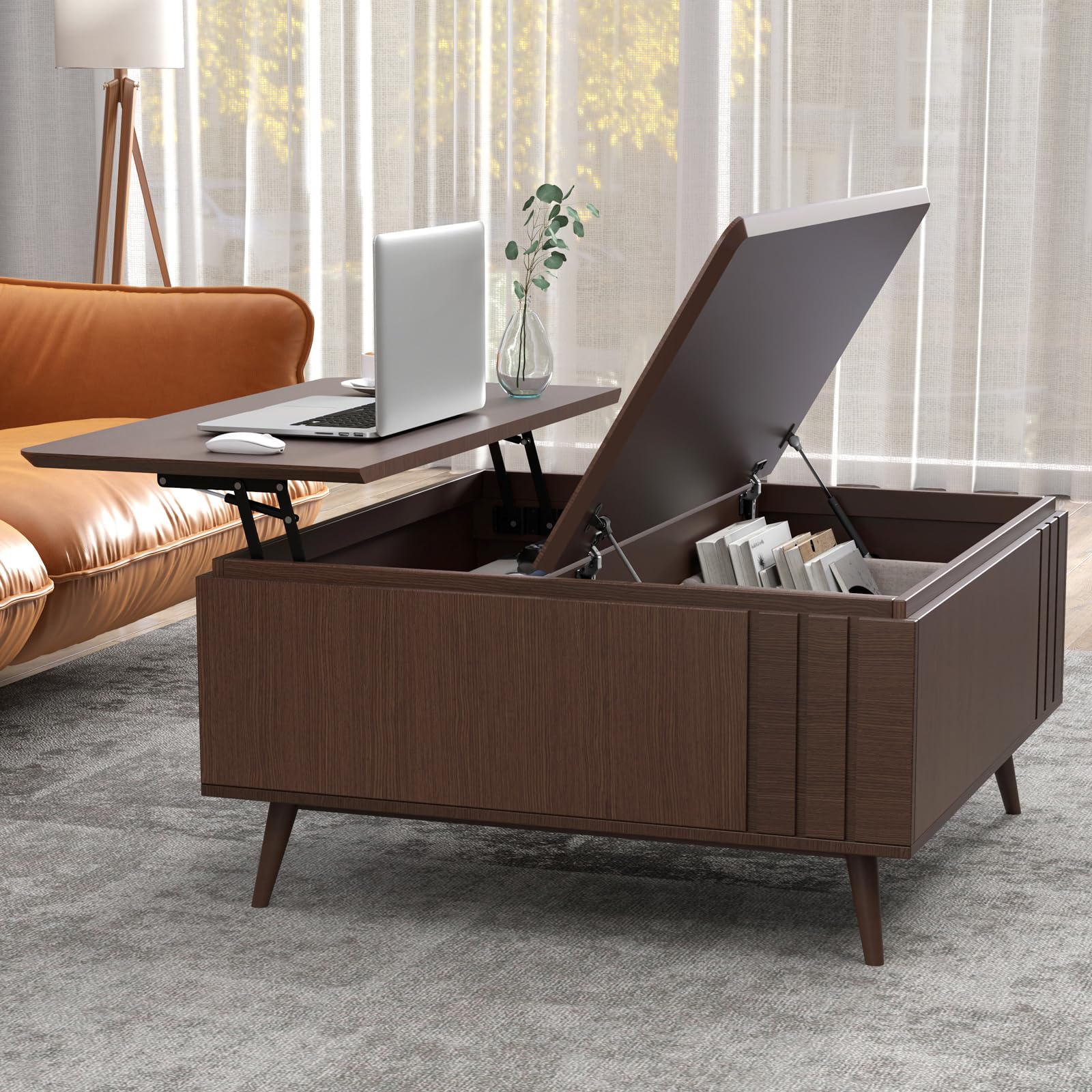 Lift Top Coffee Table with Storage, Mid Century Modern Square, Dark Walnut, Ideal for Living Room, Home Office, and Dining, Functional and Stylish