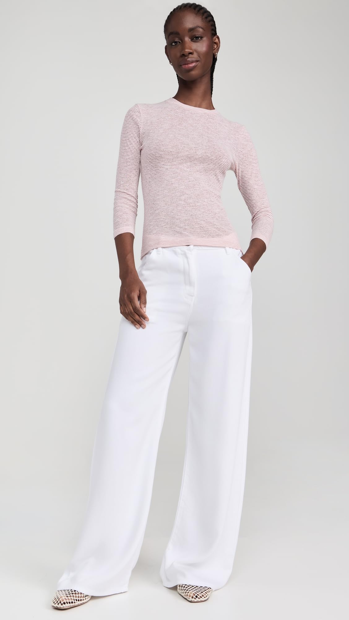 Vince Women's Micro Stripe 3/4 Sleeve Crew Neck T-Shirt | Soft Cotton Blend Top for Casual Wear & Layering | Perfect for Office, Weekend Outings & Date Nights